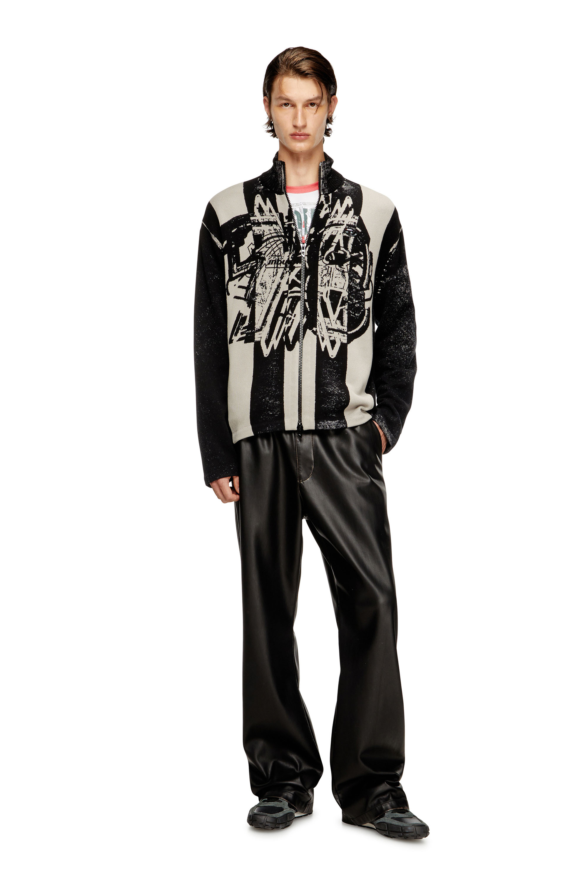 Diesel - K-OLIBA-JKT, Man's Inside-print striped zipped cardigan in Black/White - 1