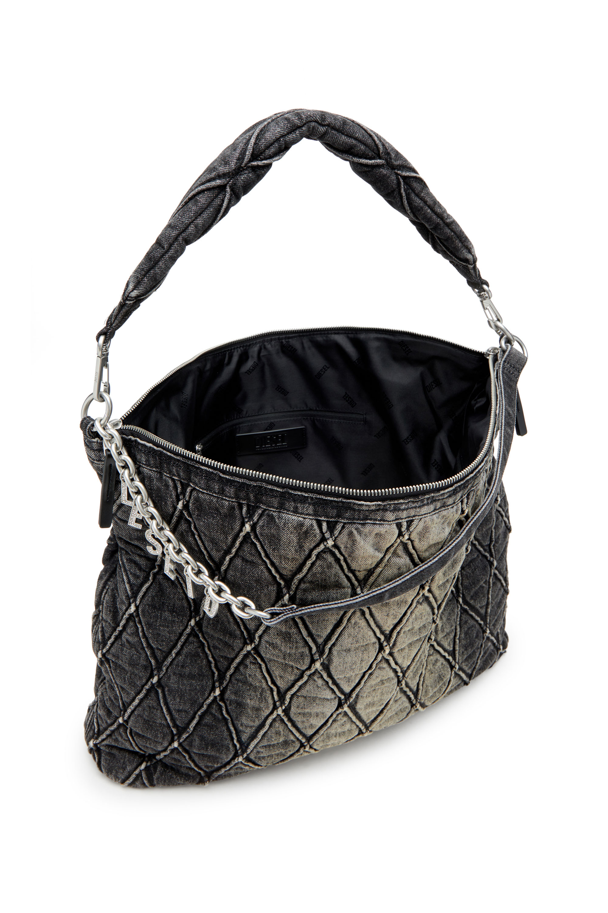 Diesel - CHARM-D HOBO, Woman's Large hobo in treated quilted denim in Black - 4