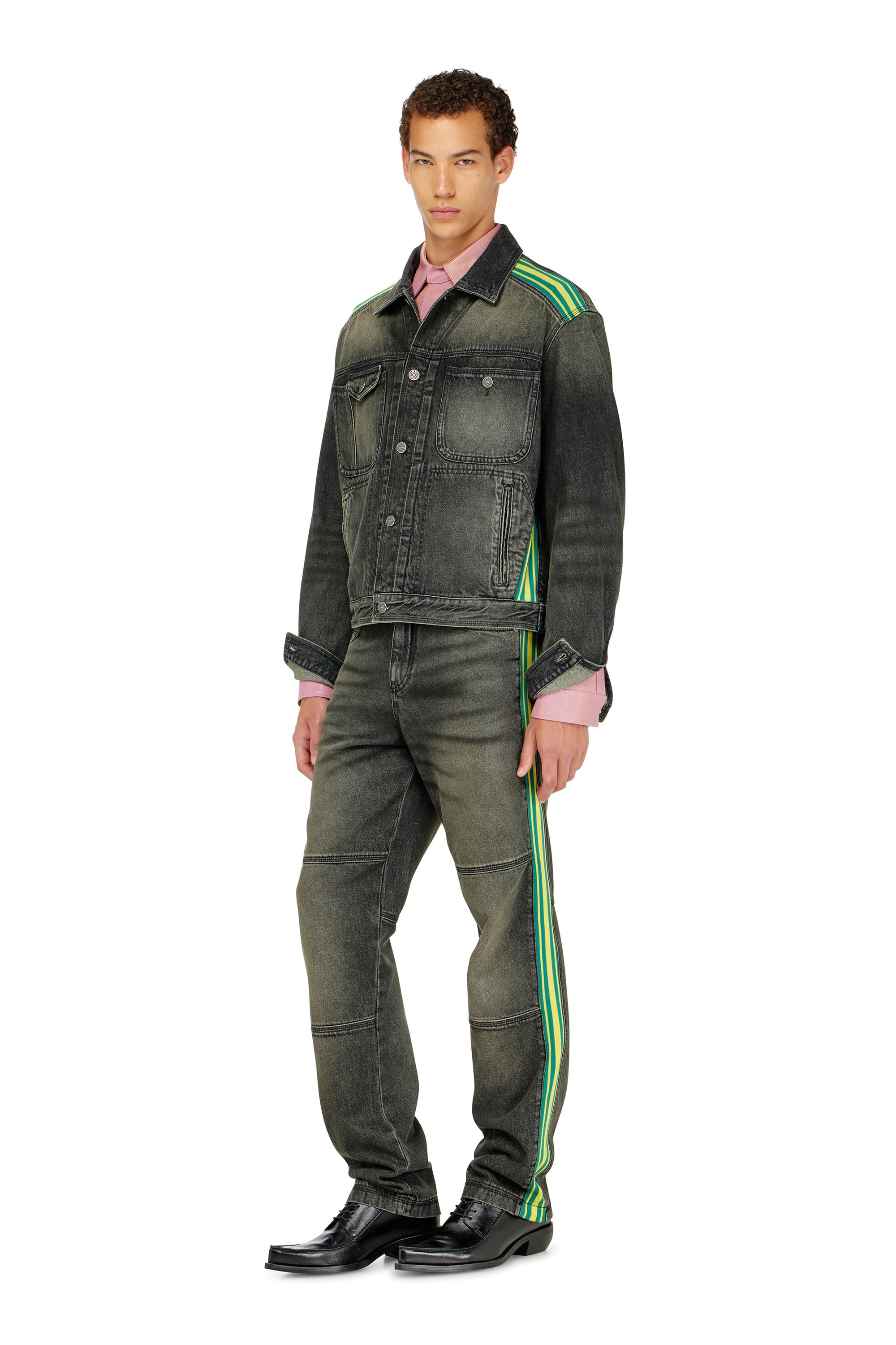Diesel - D-BAS-FSJ1, Man's Trucker jacket with striped shoulder bands in Black/Dark grey - 2