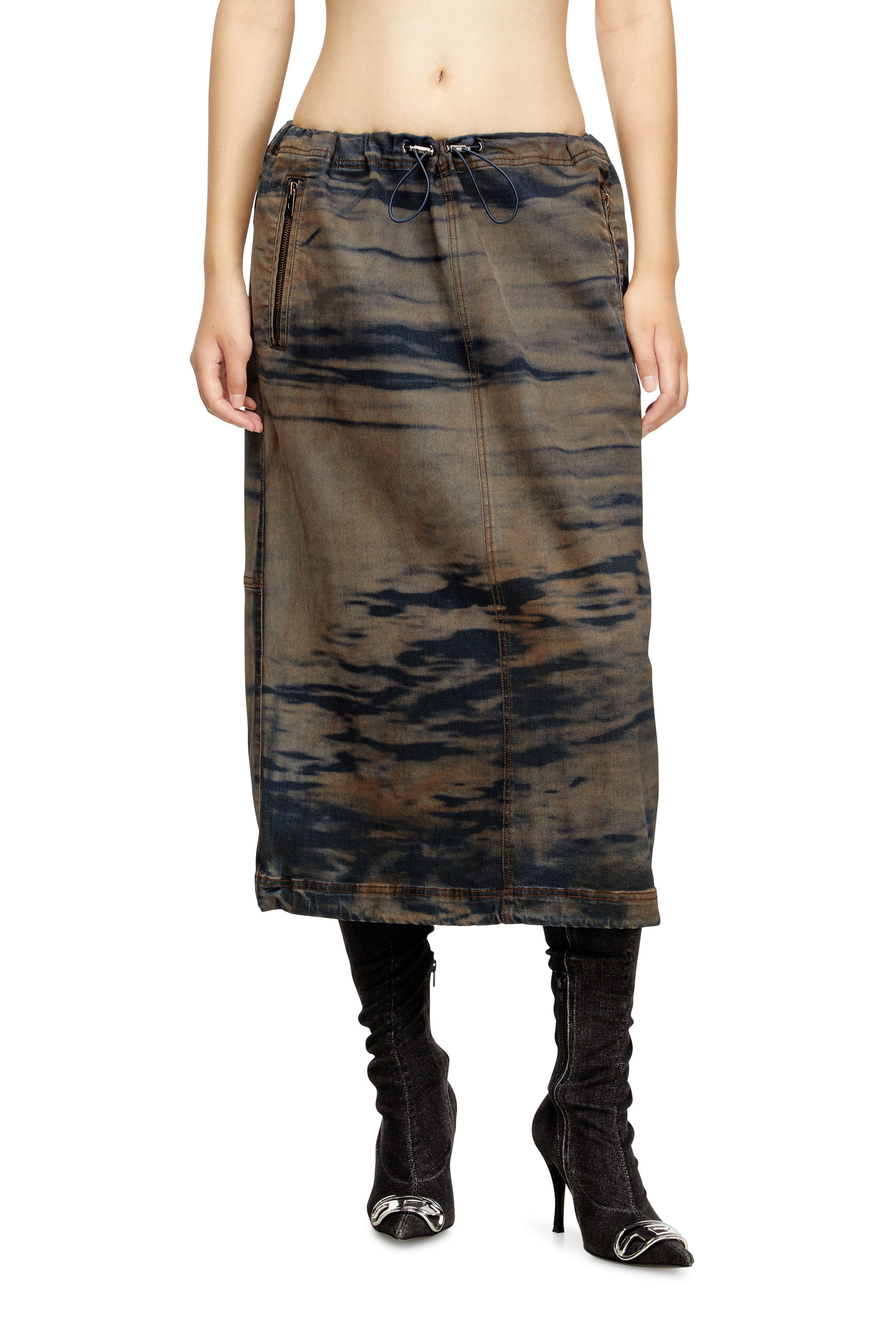 Diesel - O-MIRTOW-DEN, Woman's Midi denim skirt with drawstring in Black/Brown - 3
