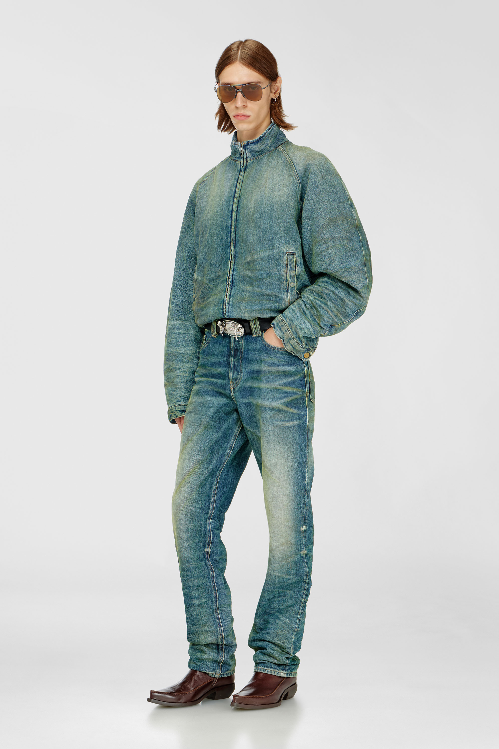 Diesel - D-BARUS-FSJ2, Man's Padded jacket in dirty-effect creased denim in Medium blue - 2