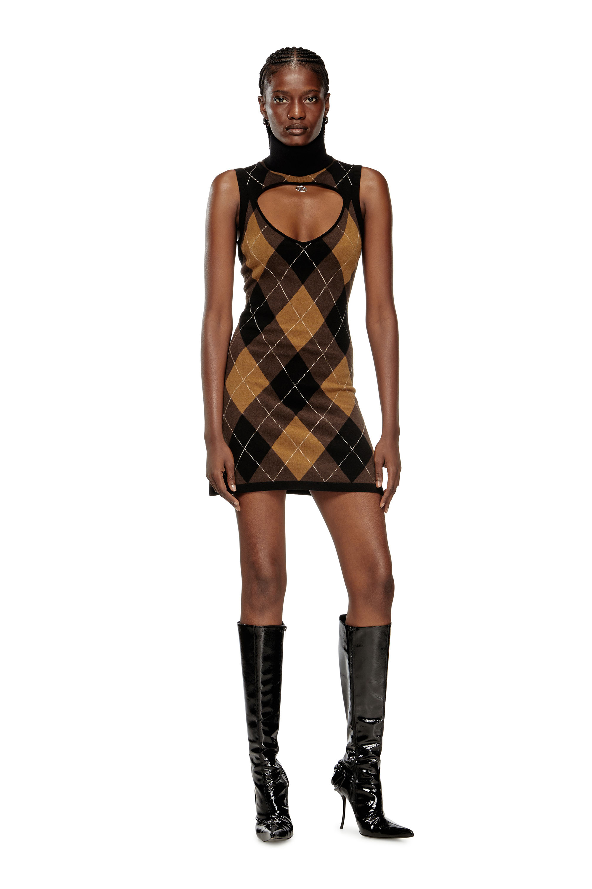 Diesel - M-ROMKO-DRESS, Woman's Wool dress with argyle pattern in Black/Brown - 2