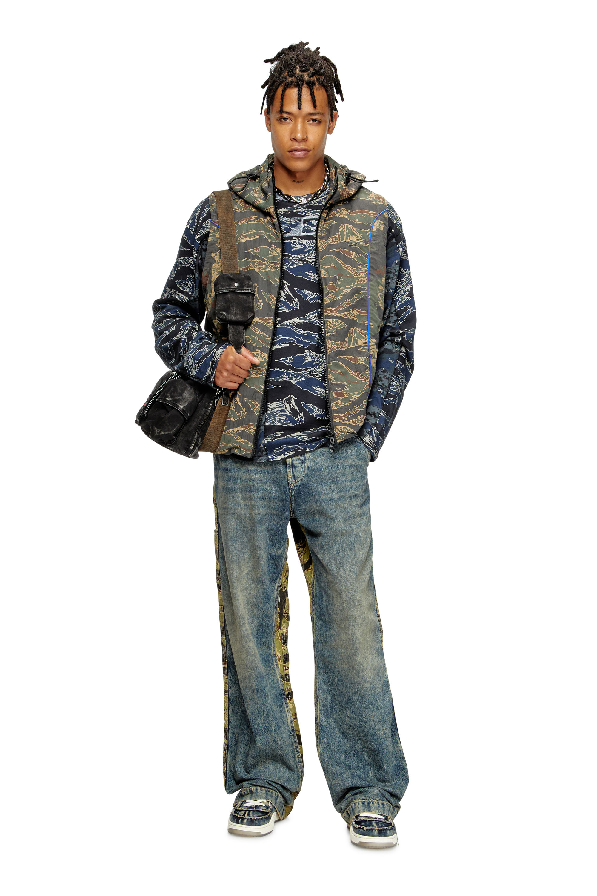 J-OSTEND-SL-CAMU, Blue/Green Diesel - J-OSTEND-SL-CAMU, Man's Hooded vest with mixed camo prints in Blue/Green - 1