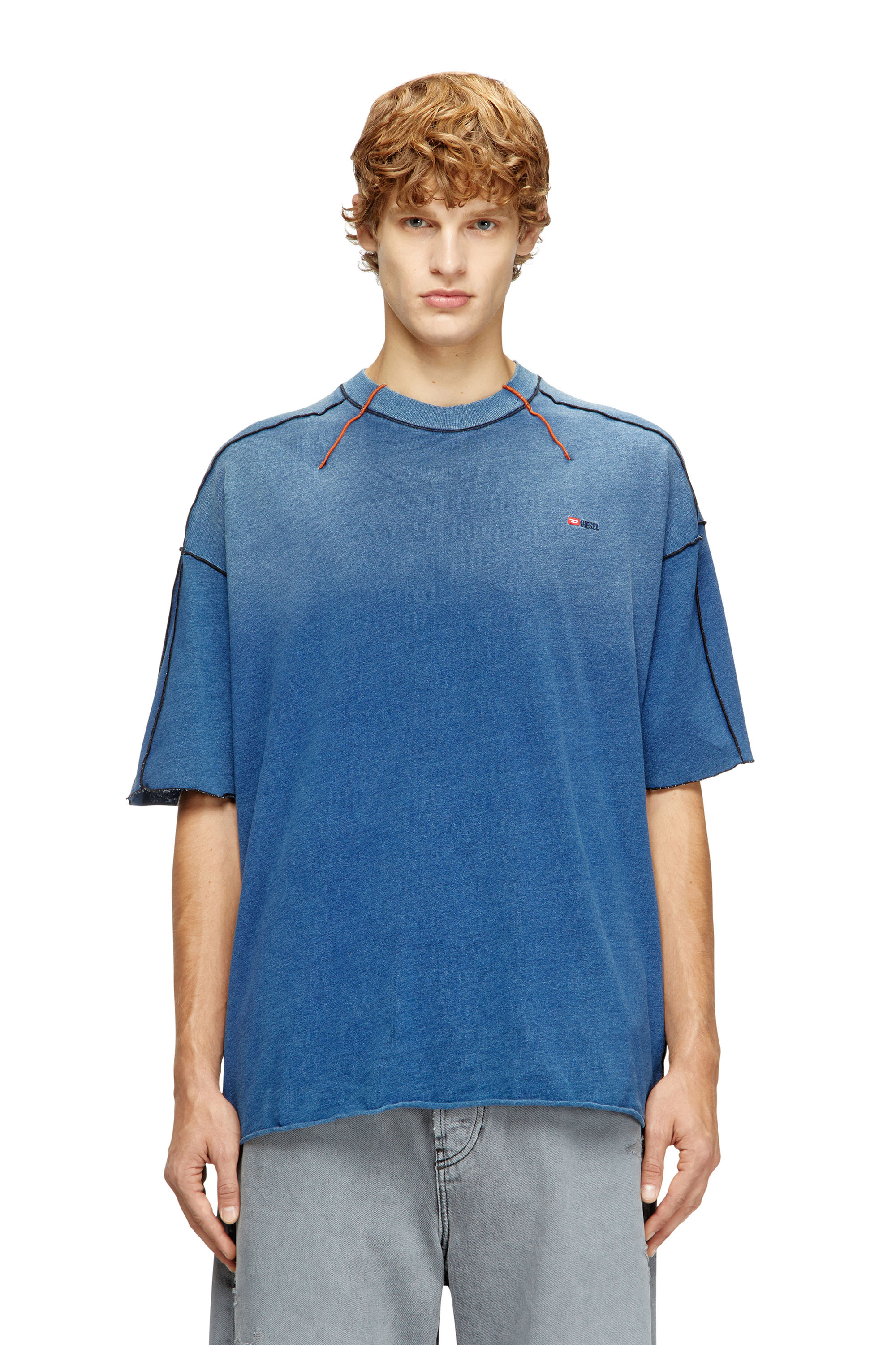 Diesel - T-CRAOXT, Man's Cotton T-shirt with contrasting overlock stitching in Blue - 1
