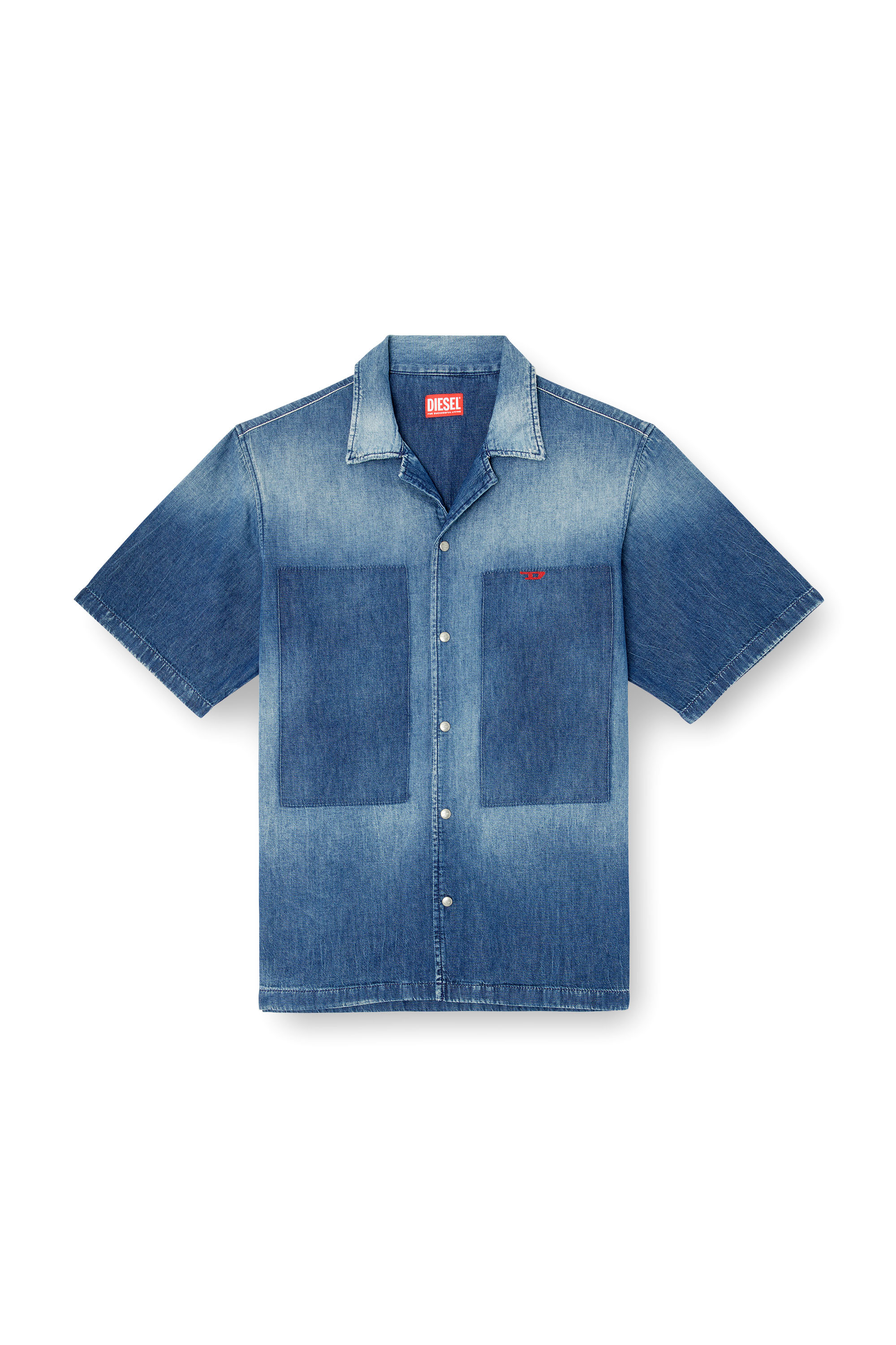 Diesel - D-NABIL-D, Man's Bowling shirt in contrast-effect denim in Medium blue - 3