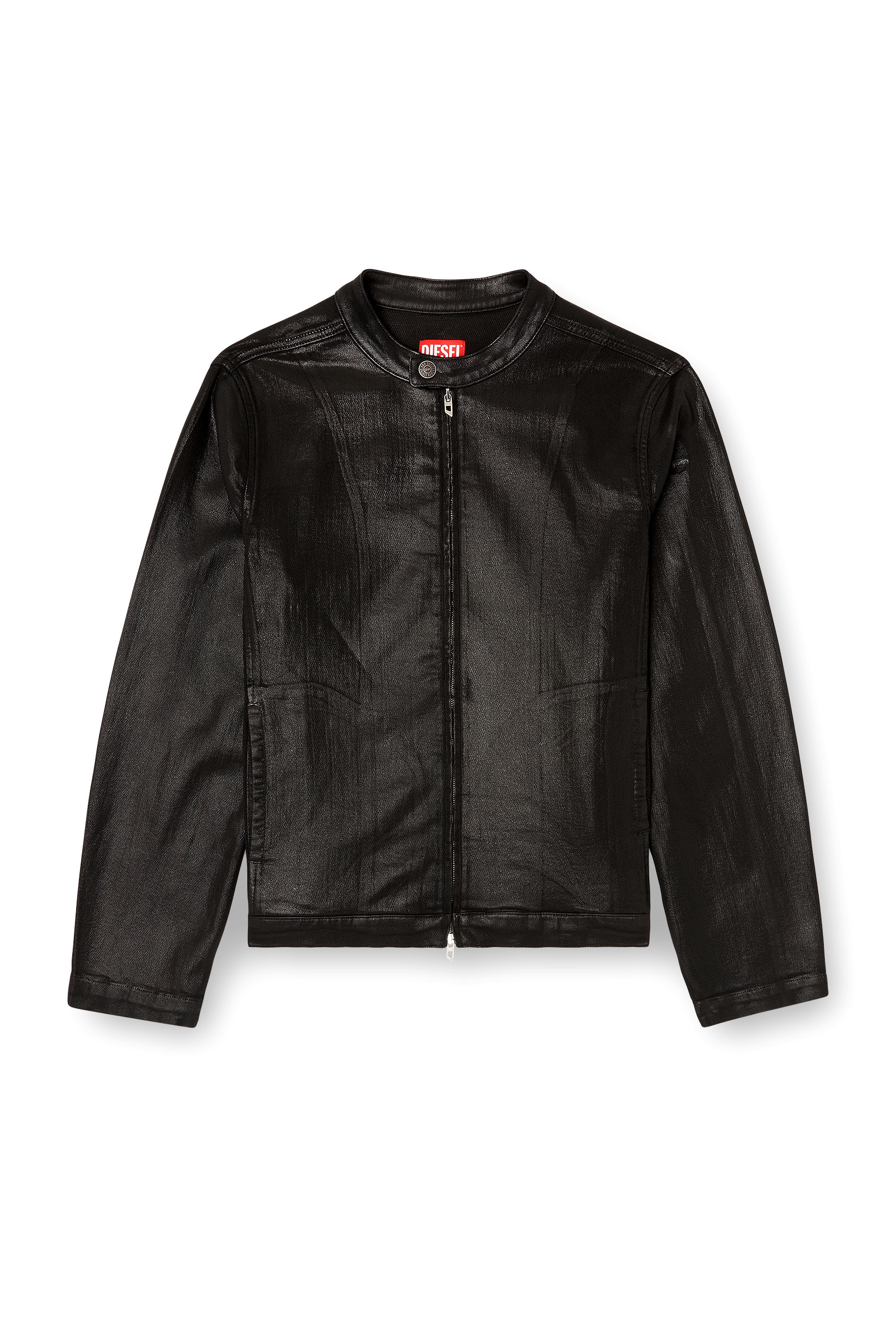 Diesel - D-GLORY JOGG, Man's Moto jacket in shiny coated JoggJeans in Black - 3