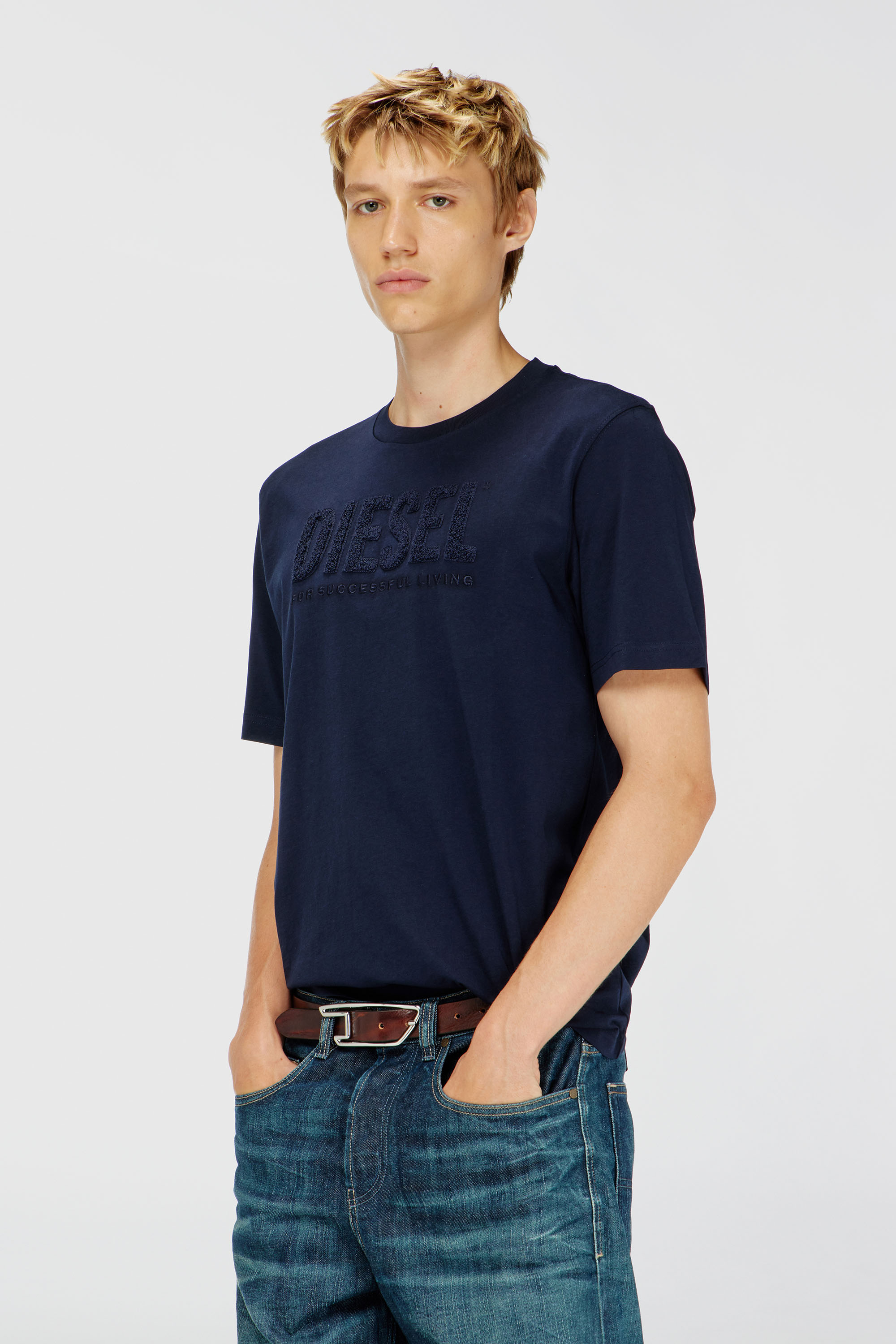 Diesel - T-JUST-OVA-T92, Man's Cotton T-shirt with tonal Diesel logo print in Navy Blue - 1