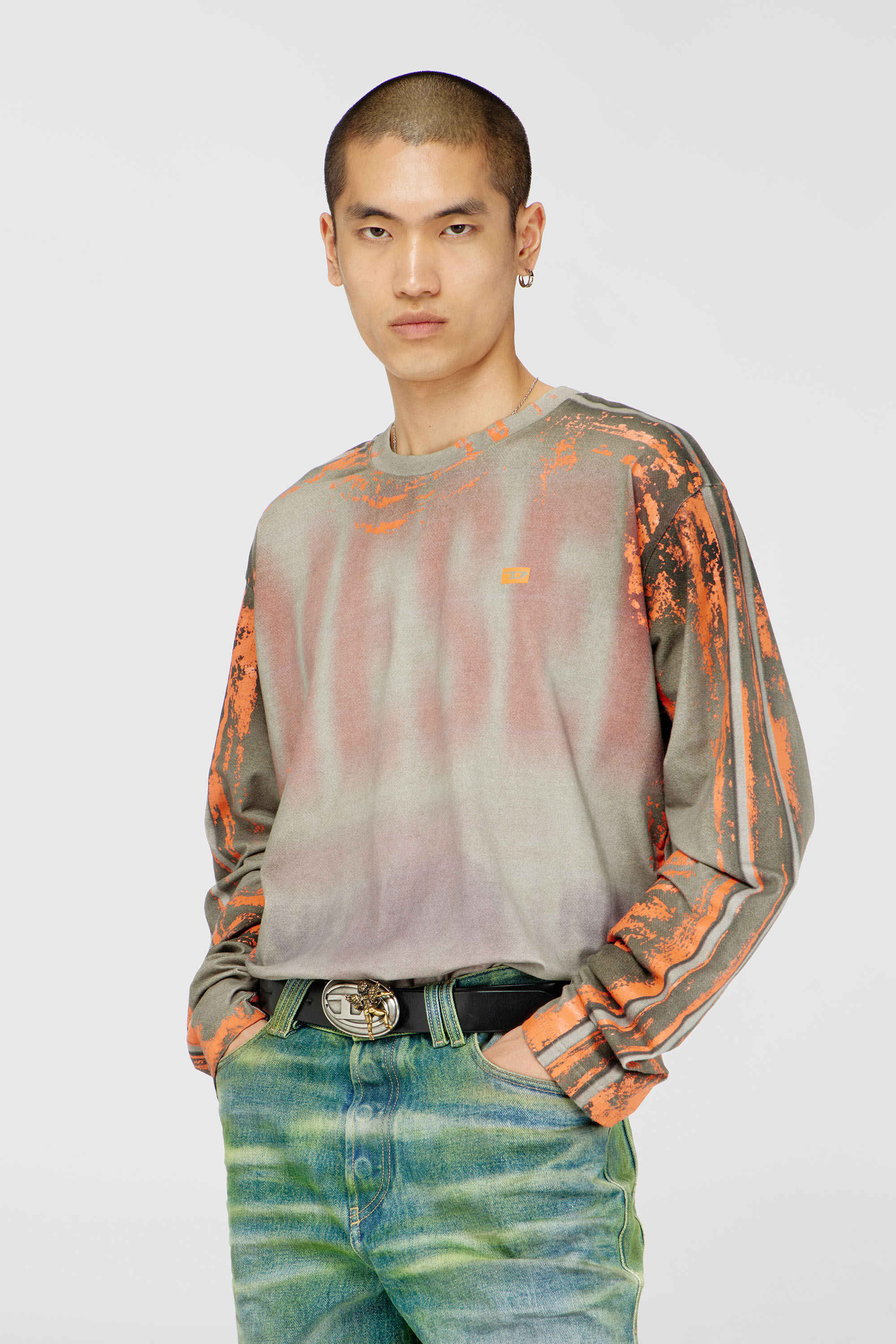 Diesel - T-FILMY, Man's Long-sleeve T-shirt in cracked jersey in Grey/Orange - 1
