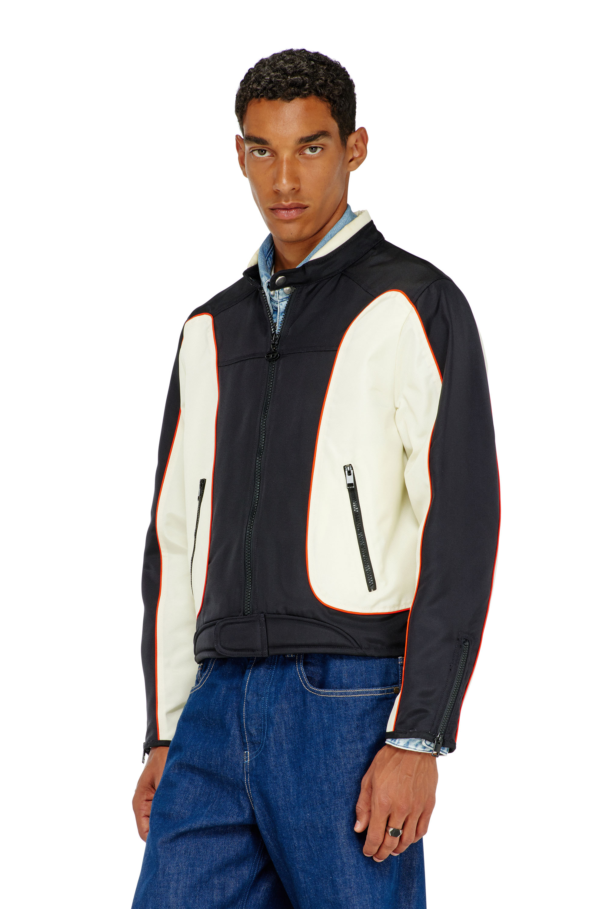 Diesel - J-BLINK-A, Man's Colour-block biker jacket with piping in White/Black - 3