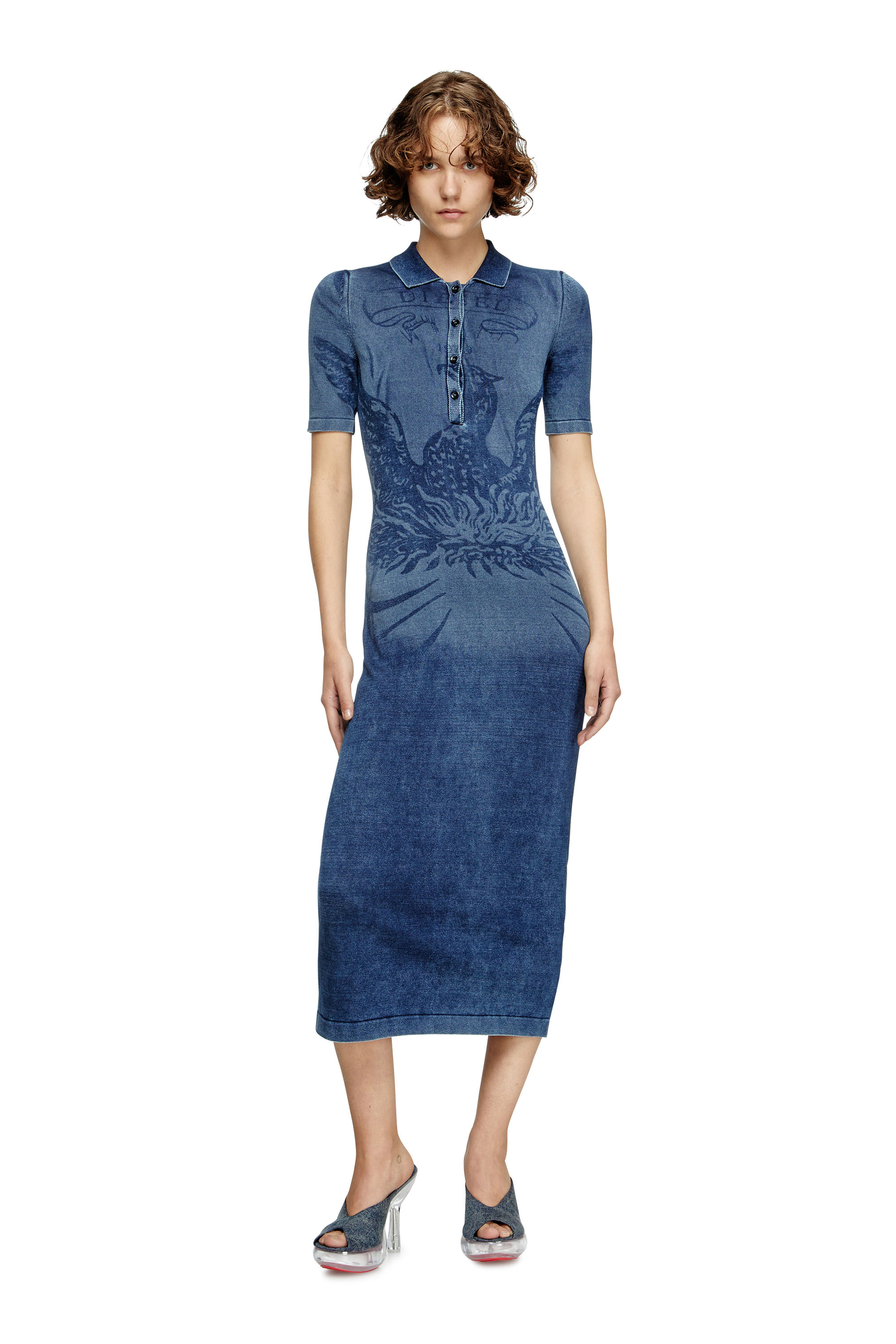 Diesel - M-FENNY-DRS, Woman's Polo midi dress in denim-effect knit in Medium blue - 3