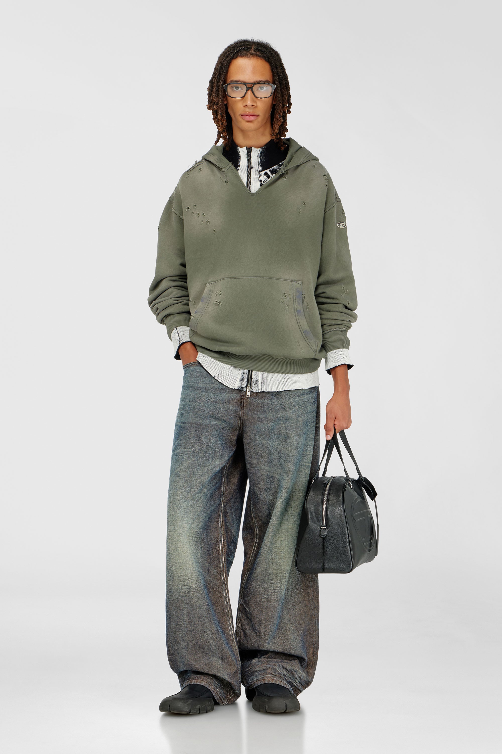 Diesel - S-KEITHY, Man's Distressed hoodie with V-neck in Grey - 1
