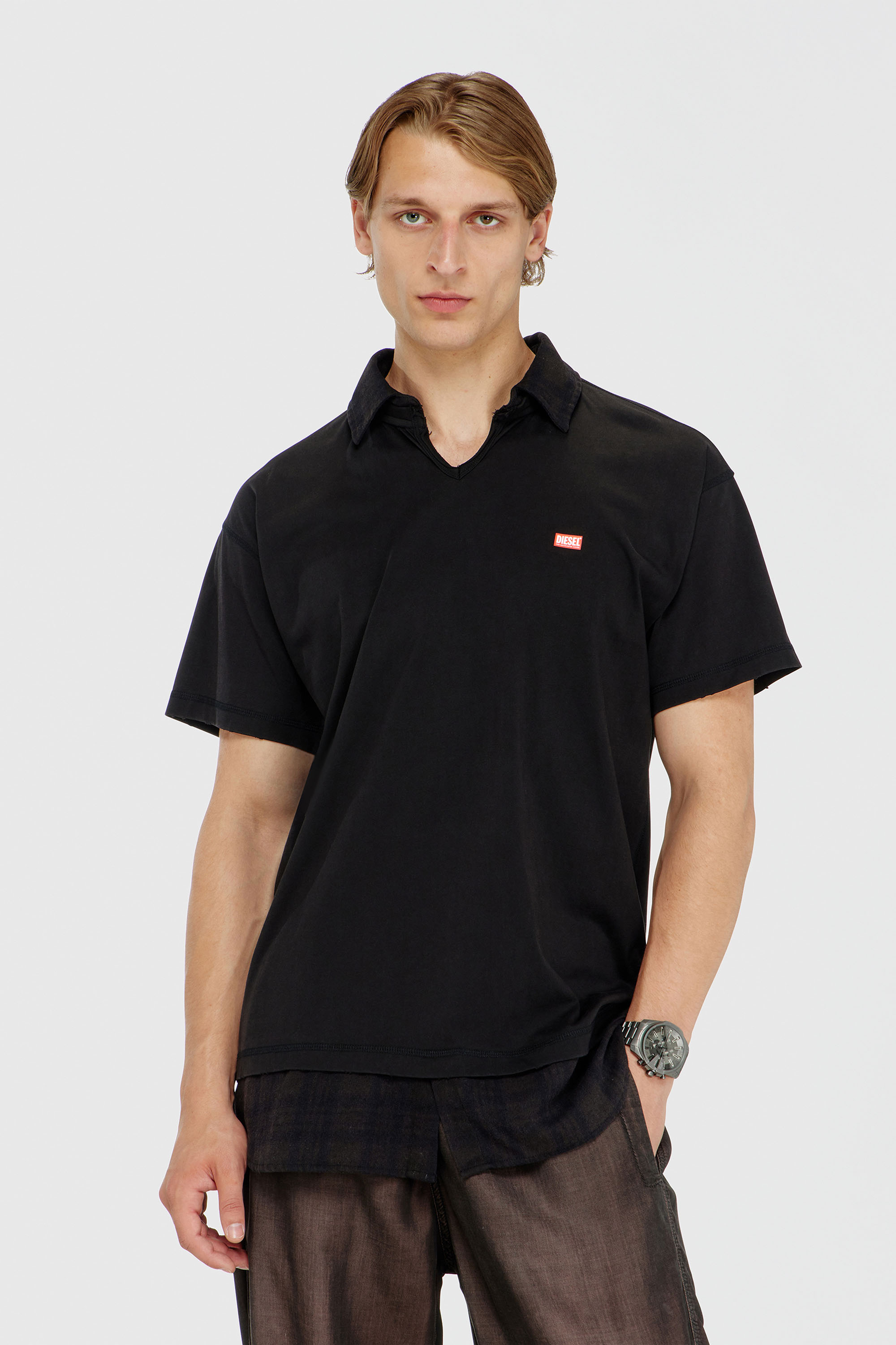 Diesel - T-ANSEL, Man's Jersey polo shirt with check flannel trims in Black - 1