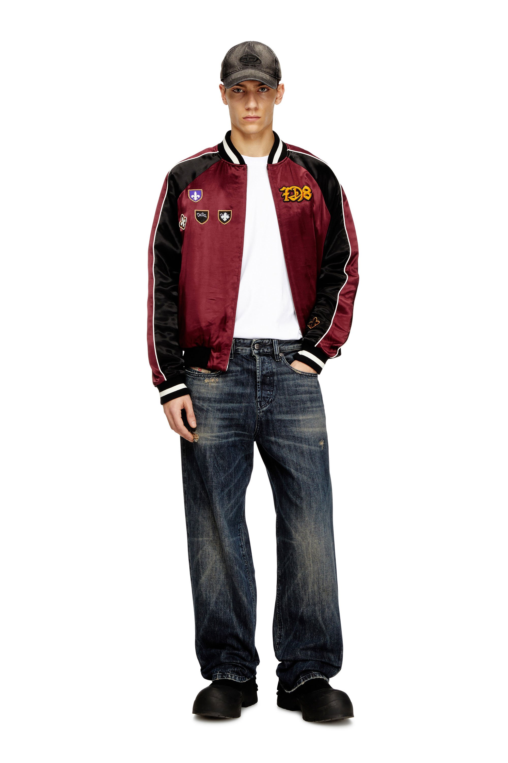 Diesel - J-FOULKES-CP, Man's Cropped satin souvenir jacket in Black/Red - 2