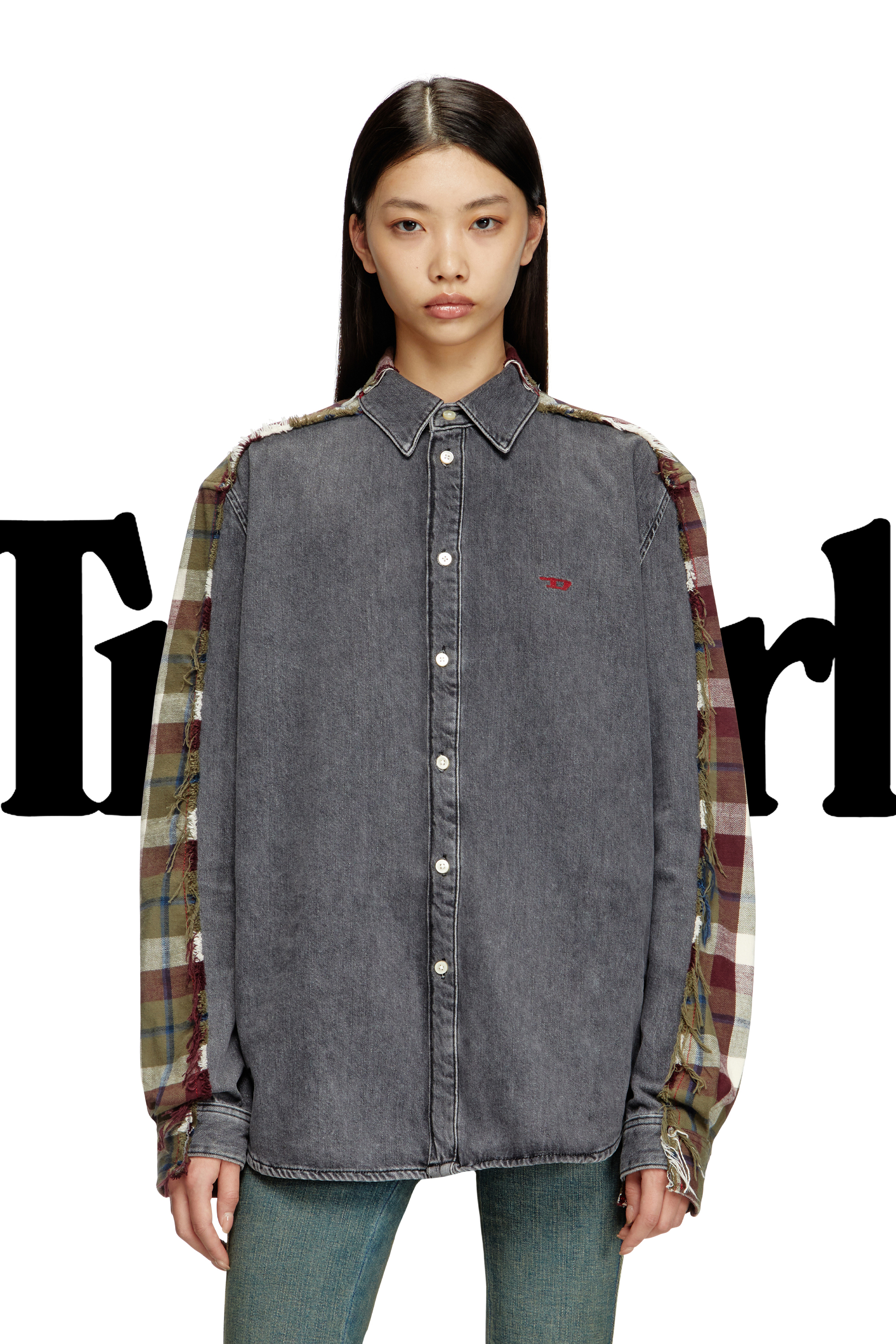 Diesel - Shirt Dieseloves 7A, Unisex's Denim and check shirt in Grey/Red - 7