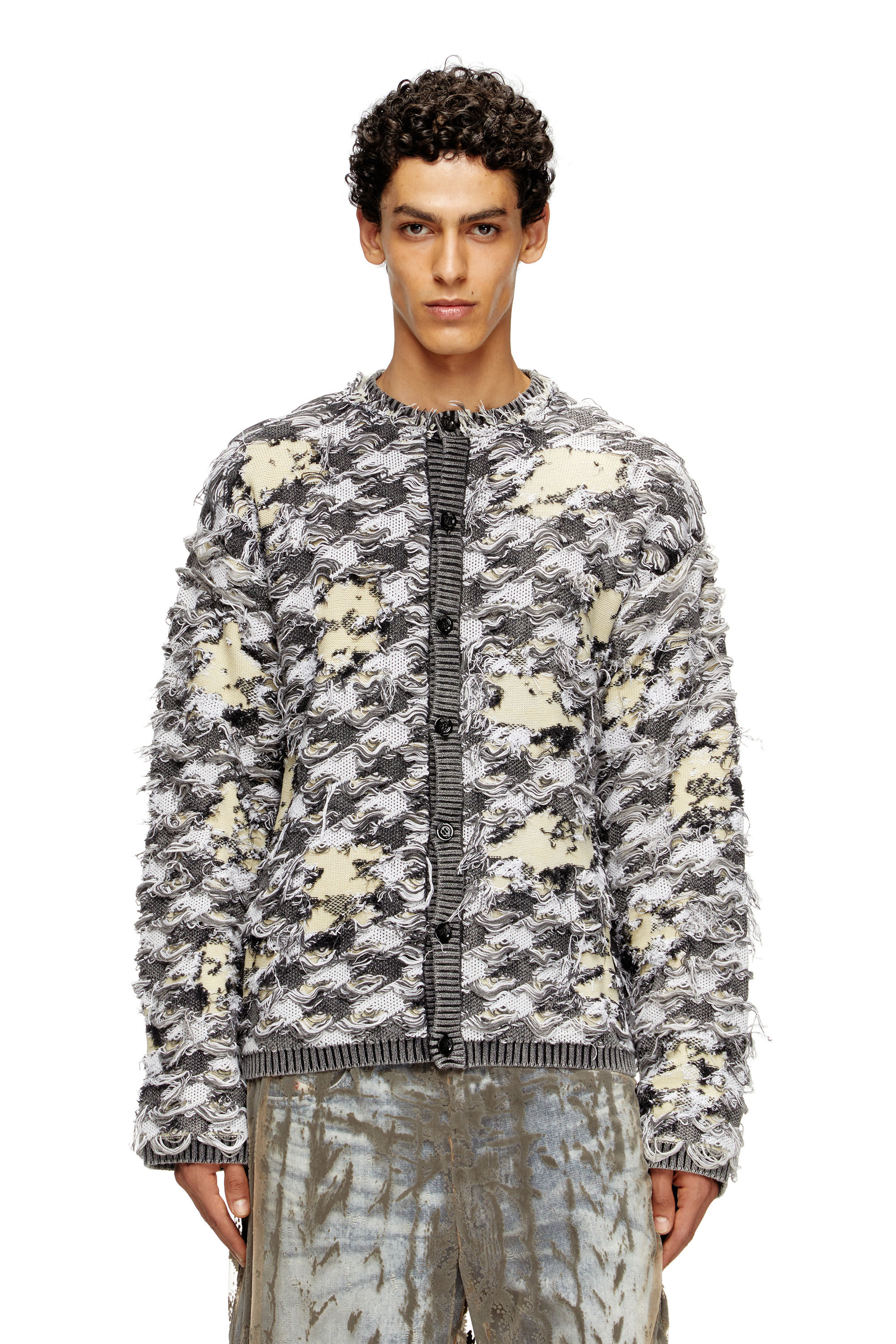 Diesel - K-VALBOR, Man's Cardigan in devoré houndstooth jacquard in Beige/Grey - 3