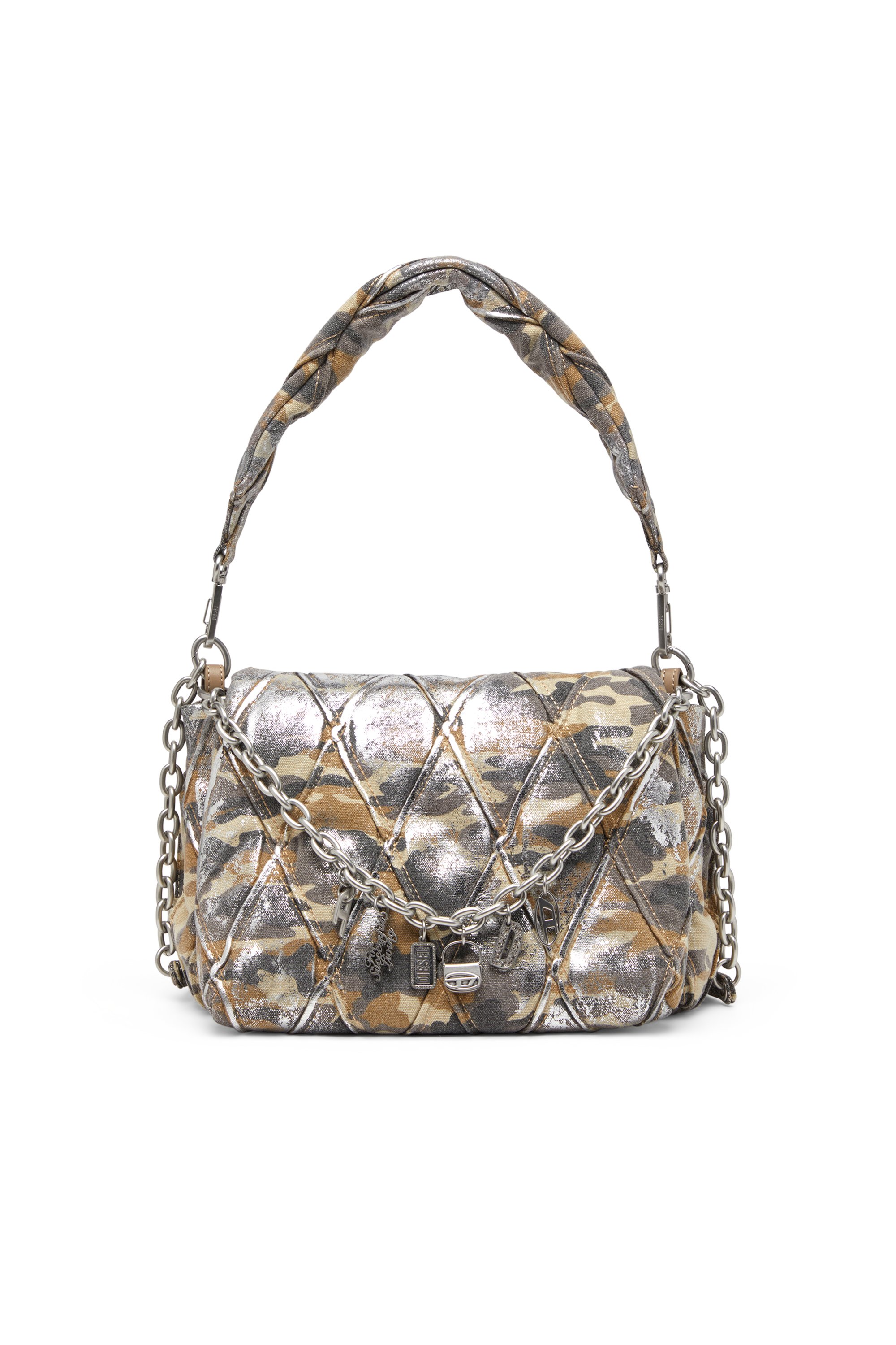 Diesel - CHARM-D SHOULDER M, Woman's Shoulder bag in metallic camo canvas in Multicolor/Brown - 1