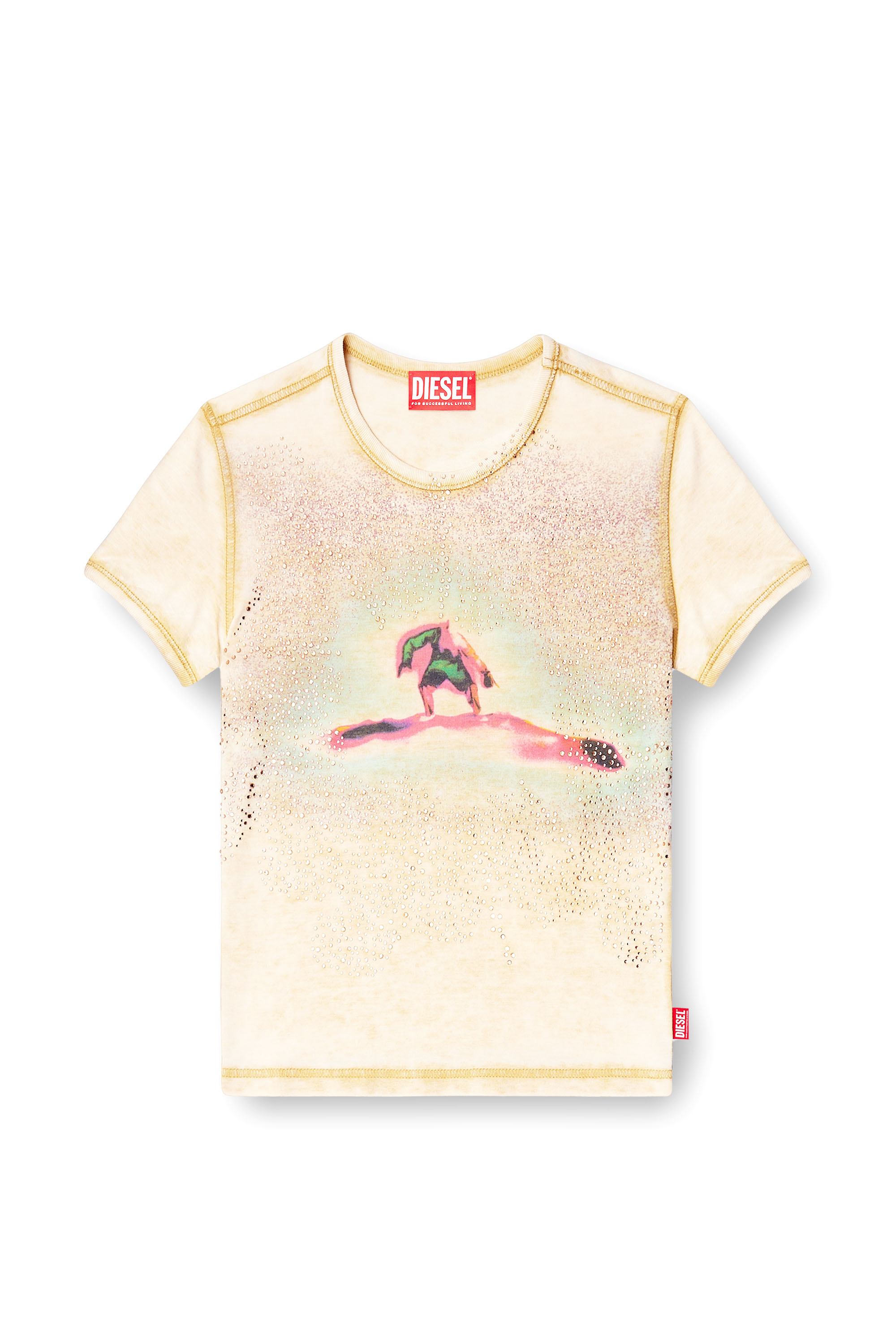 Diesel - T-UNCUTIES-LONG-S10, Woman's Slim T-shirt with rhinestones in Beige - 3