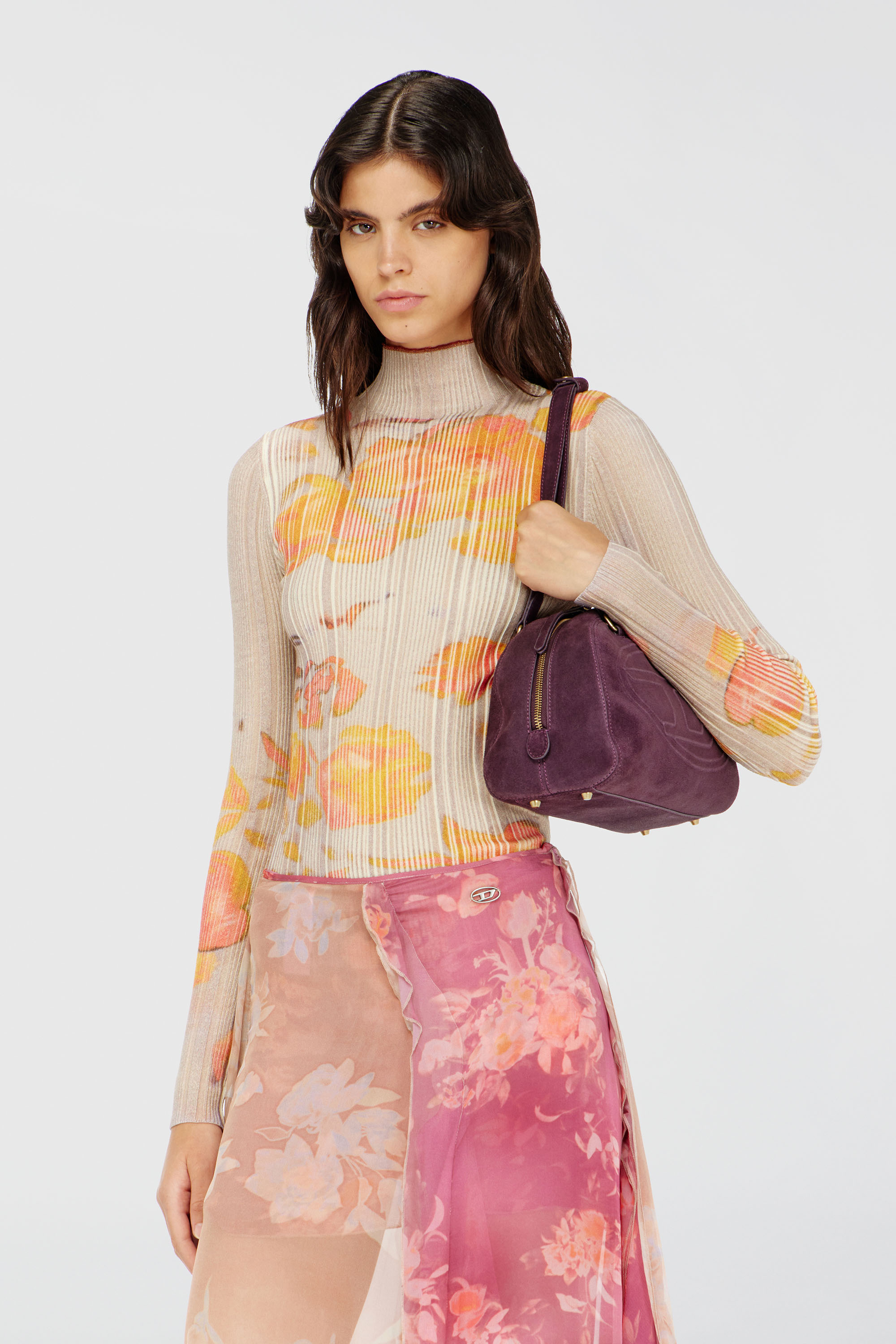 Diesel - M-IORIA, Woman's Ribbed wool turtleneck top with floral print in Yellow/Beige - 1
