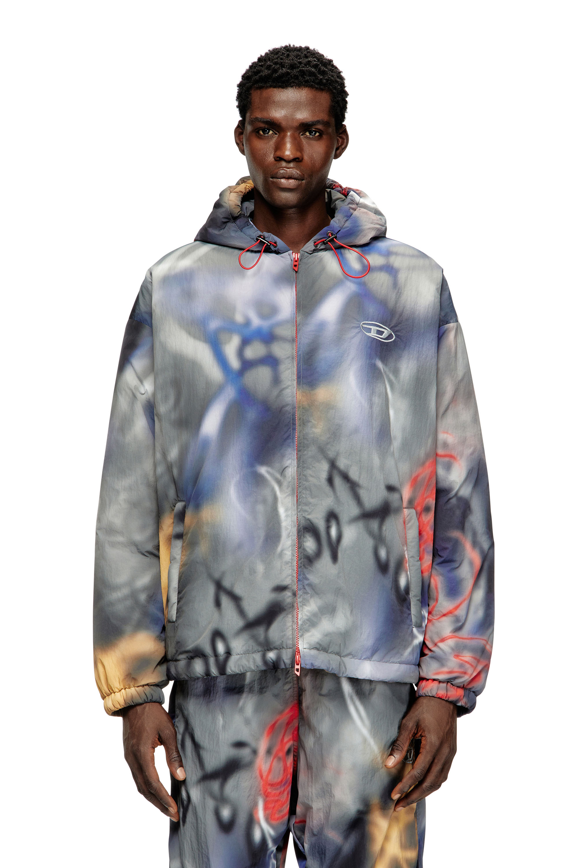 Diesel - J-MIRR, Man's Padded windbreaker with graffiti print in Blue/Grey - 3