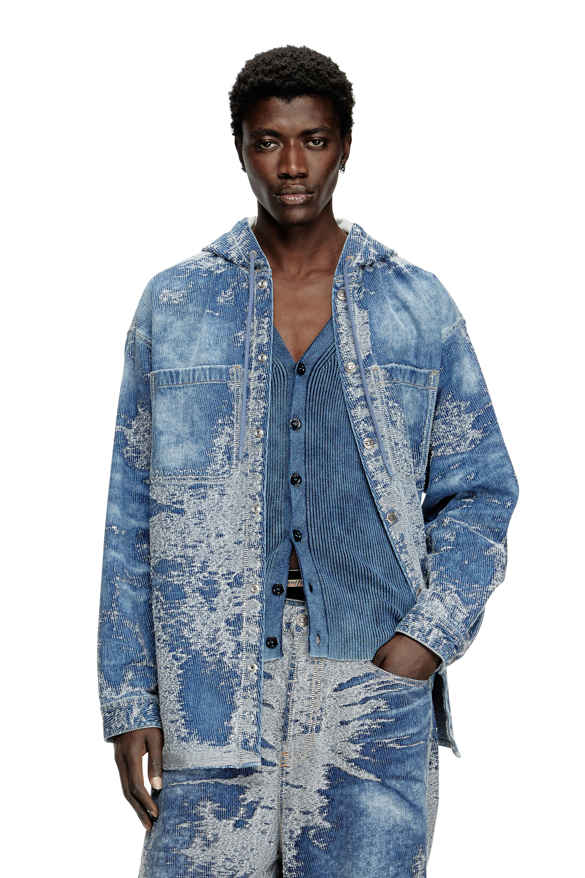 Diesel - D-DEWNYS-HOOD-S, Man's Overshirt in distressed jacquard denim in Medium blue - 1