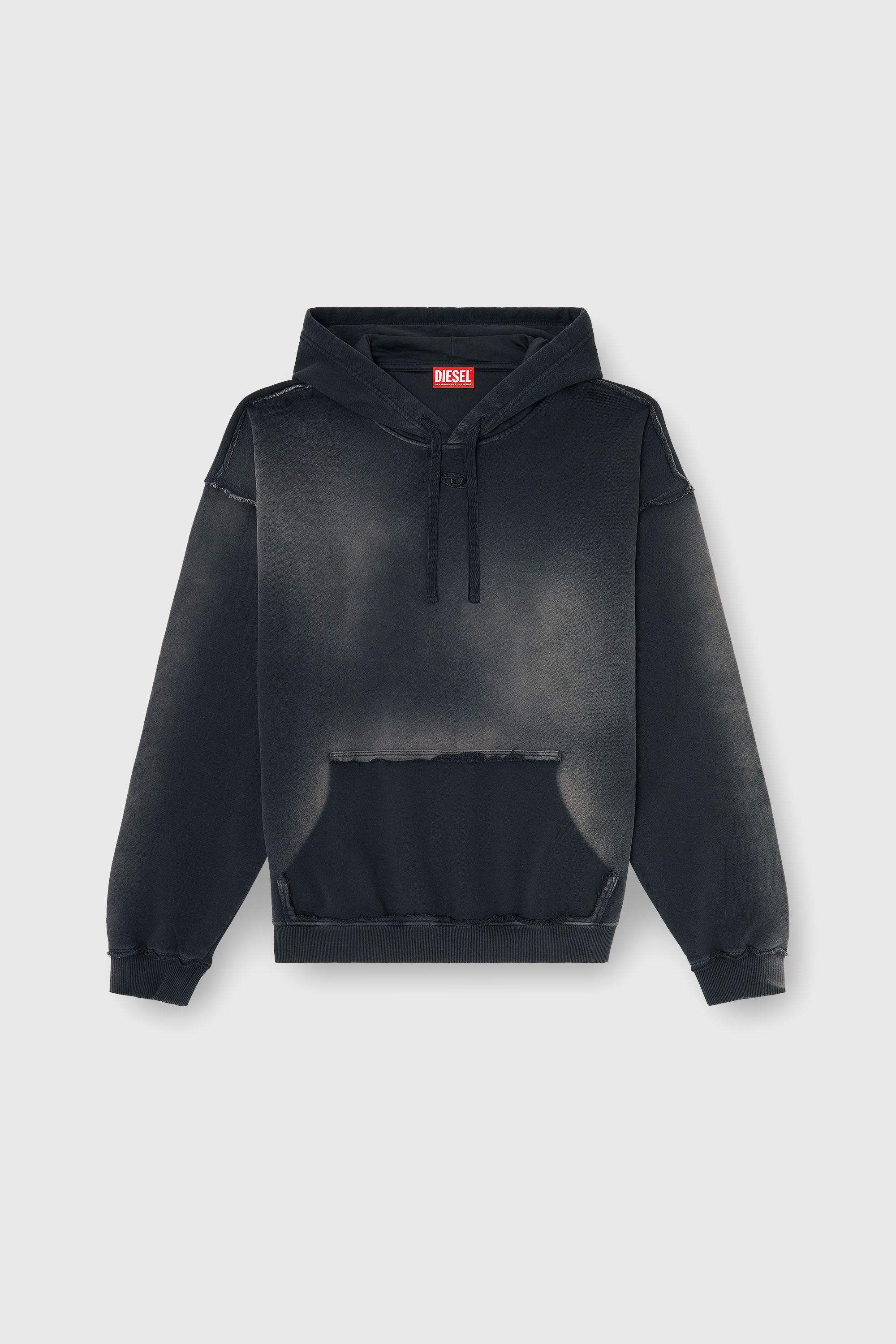 Diesel - S-POCK-HOOD, Man's Faded cotton hoodie with frayed details in Black/Grey - 2