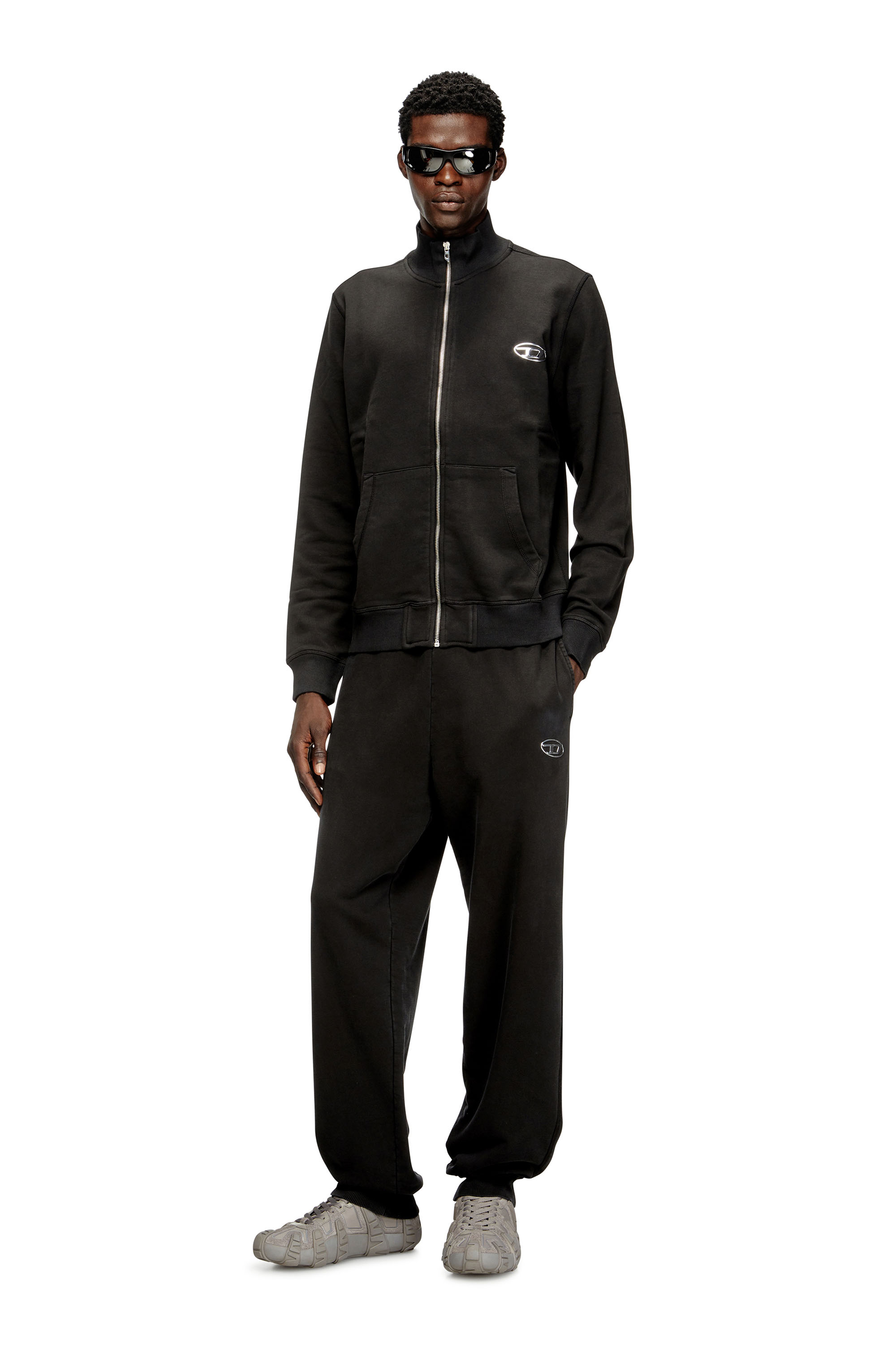 S-GINN-ZIP-IOD, Black Diesel - S-GINN-ZIP-IOD, Man's Wweatshirt with mock neck and metallic Oval D in Black - 1