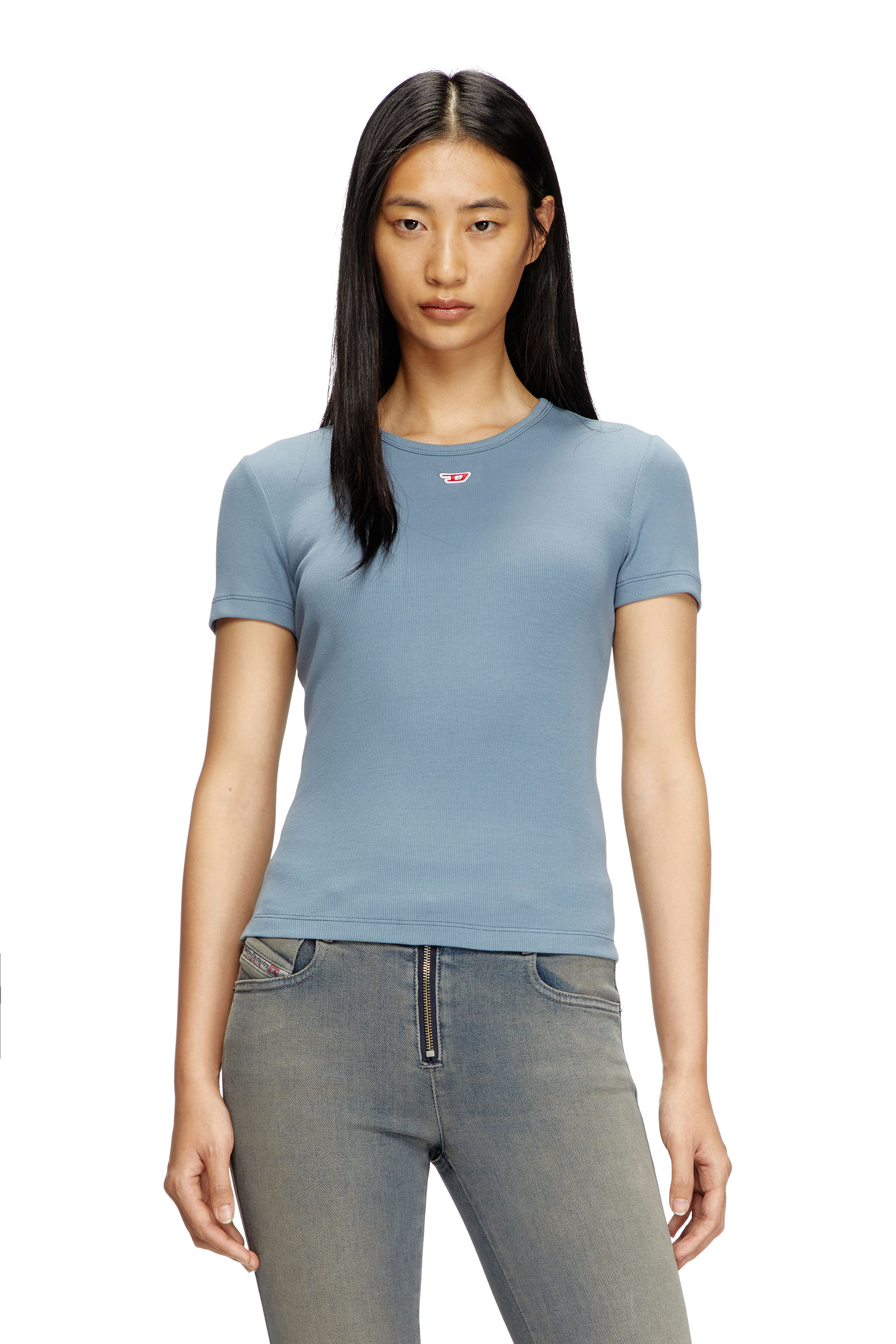 Diesel - T-ELE-LONG-D, Woman's T-shirt with D logo patch in Light Blue - 1