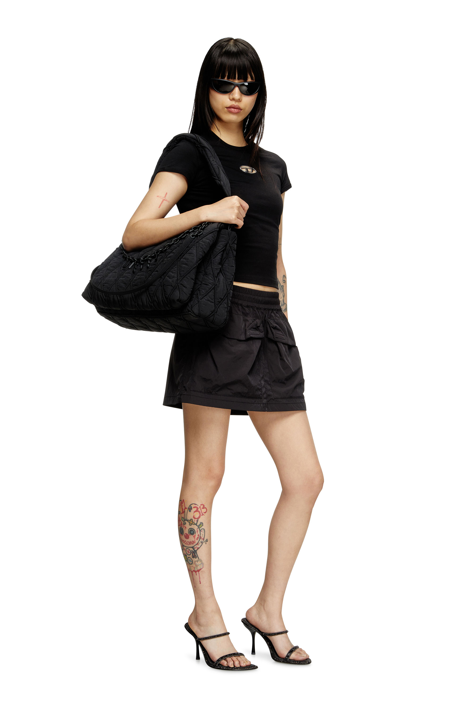 Diesel - CHARM-D SHOULDER L, Woman's Shoulder bag in quilted washed nylon in Black - 2