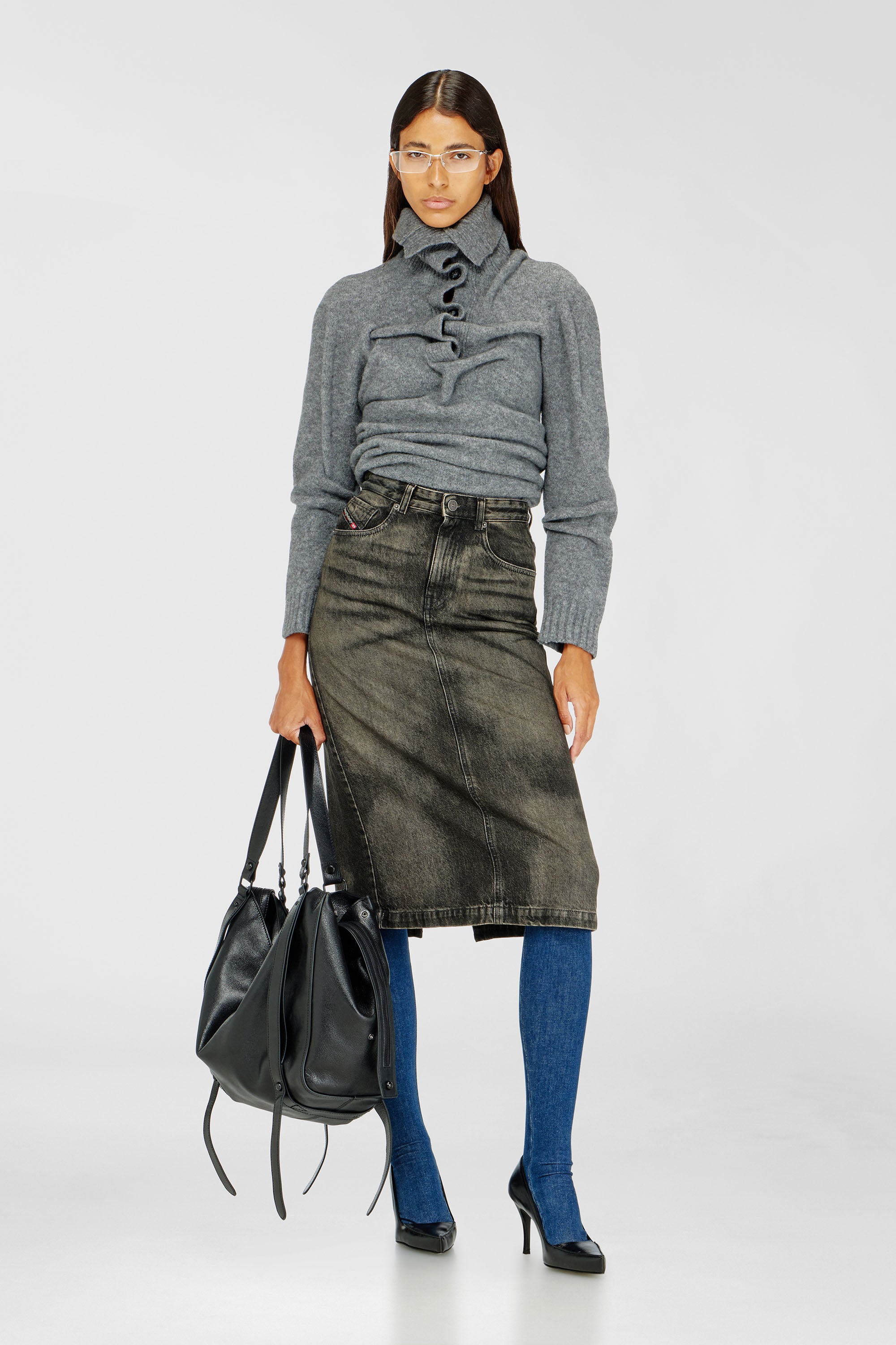 Diesel - DE-PENDY-FSJ, Woman's Pencil skirt in dirty-effect denim in Black/Dark grey - 1
