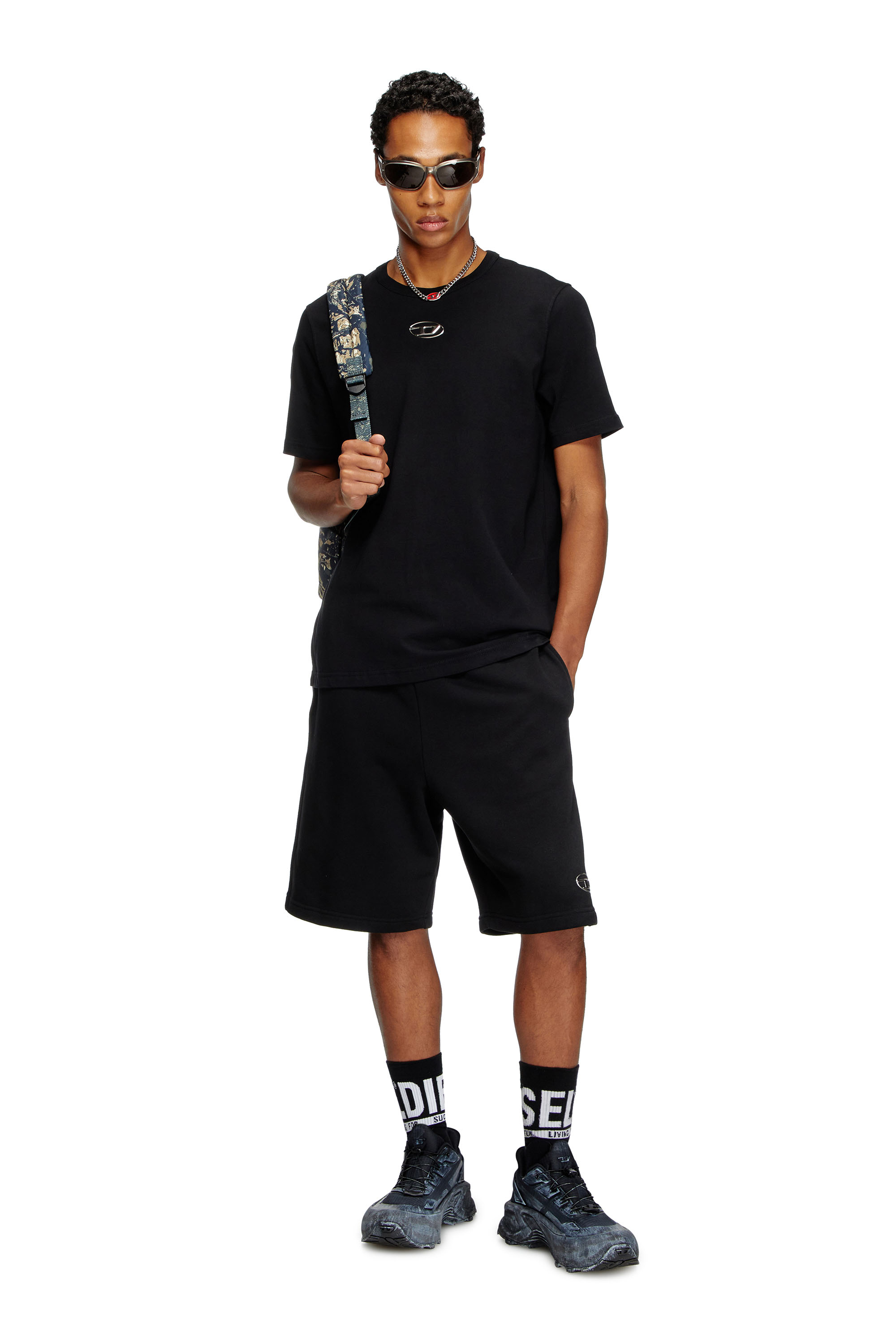 P-MARSHY-OD, Black Diesel - P-MARSHY-OD, Man's Sweat shorts with silver Oval D in Black - 1