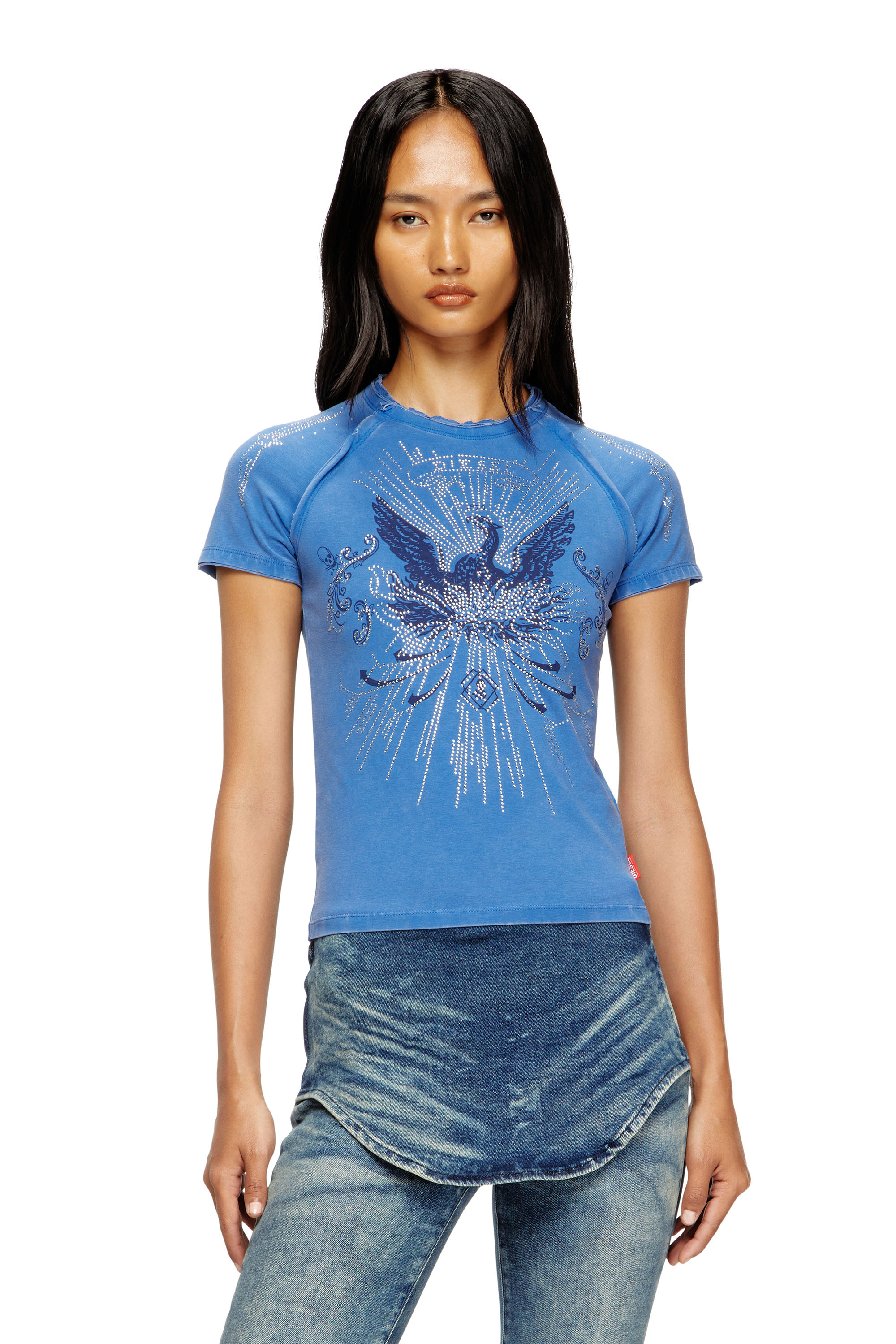 Diesel - T-ROWEENA, Woman's Phoenix T-shirt with rhinestones in Blue - 1