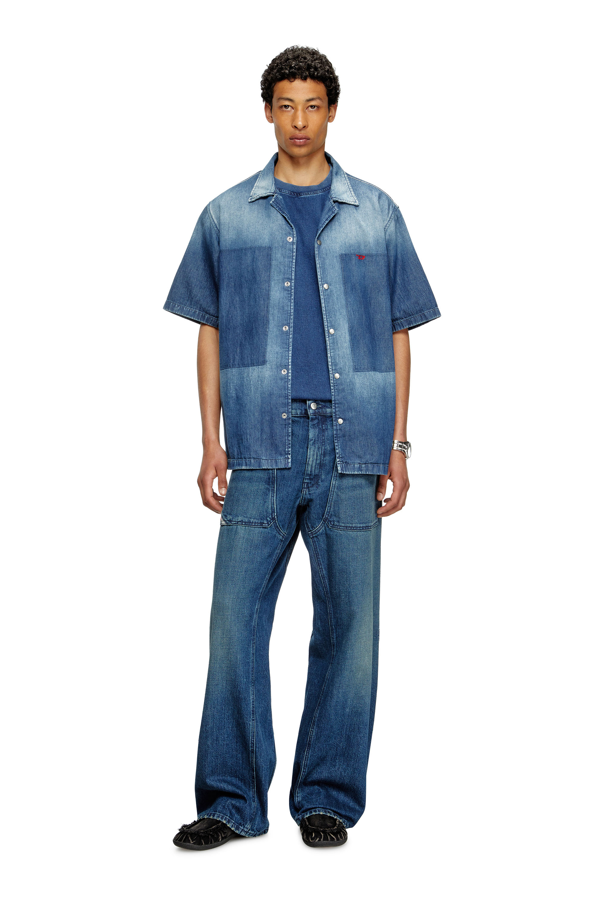 Diesel - D-NABIL-D, Man's Bowling shirt in contrast-effect denim in Medium blue - 2