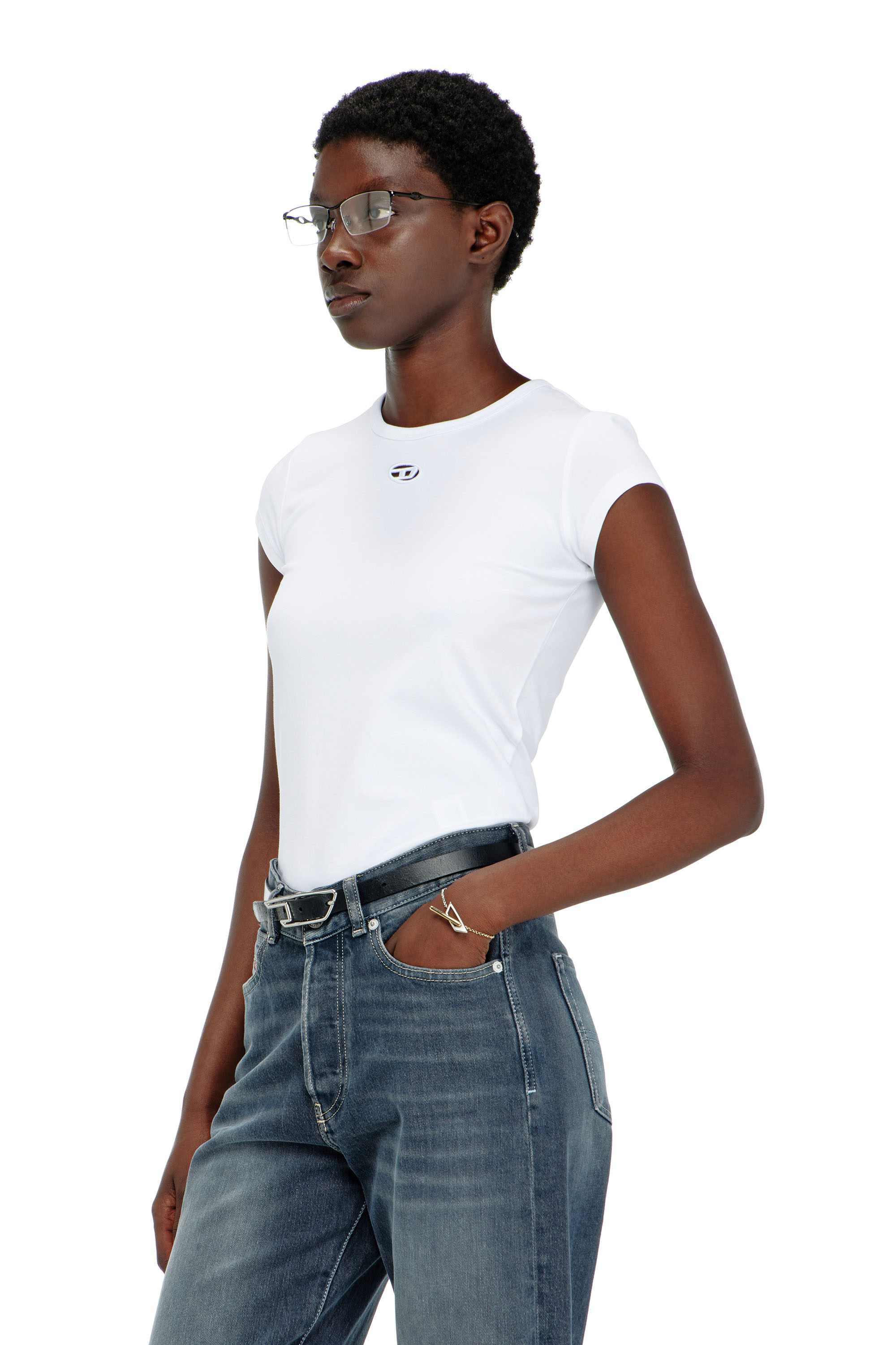 Diesel - T-ANGIE-OD, Woman's T-shirt with cut-out embroidered logo in White - 1
