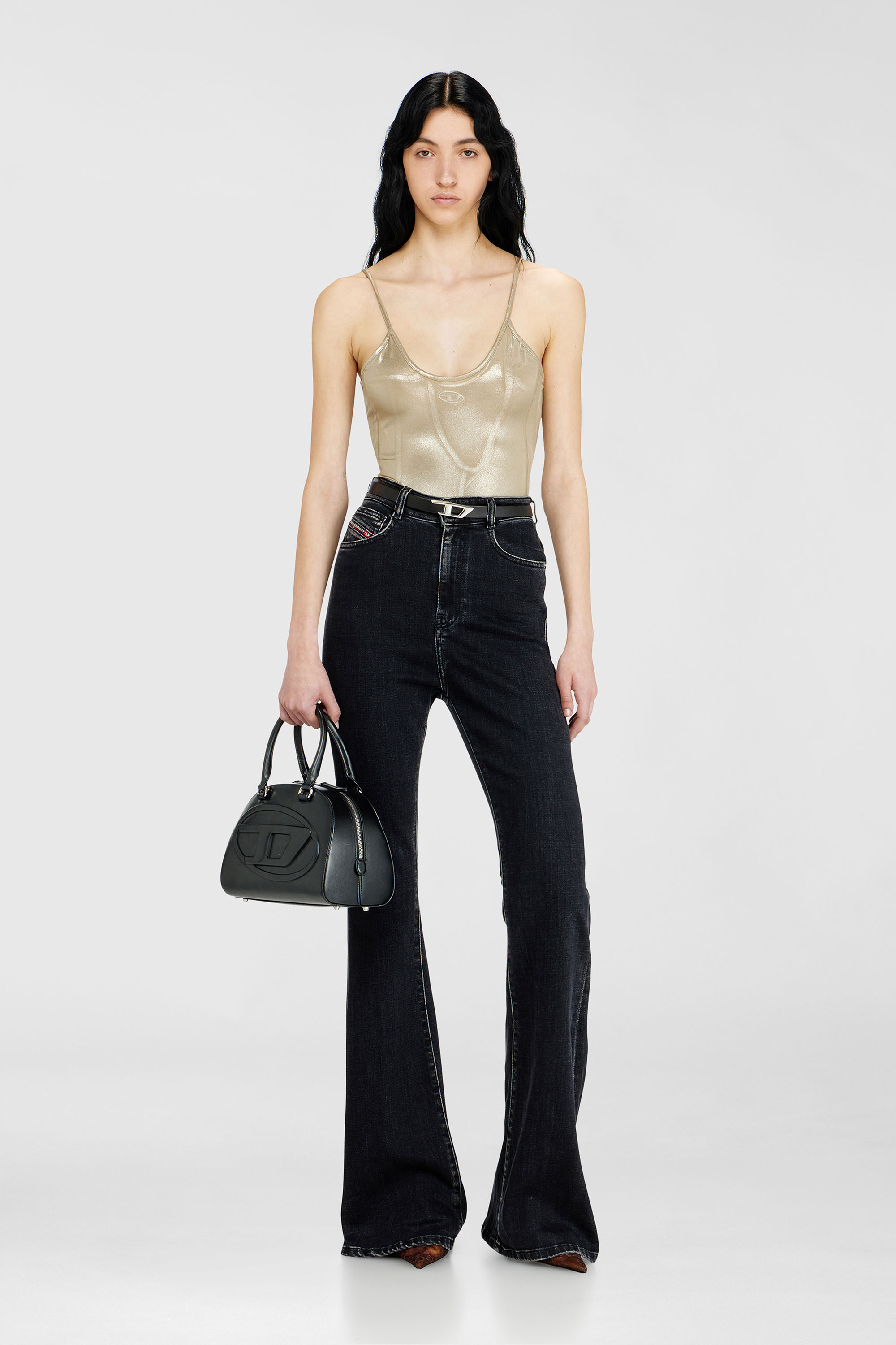 Diesel - T-IMYNY, Woman's Shiny jersey bodysuit with round neck in Gold - 2