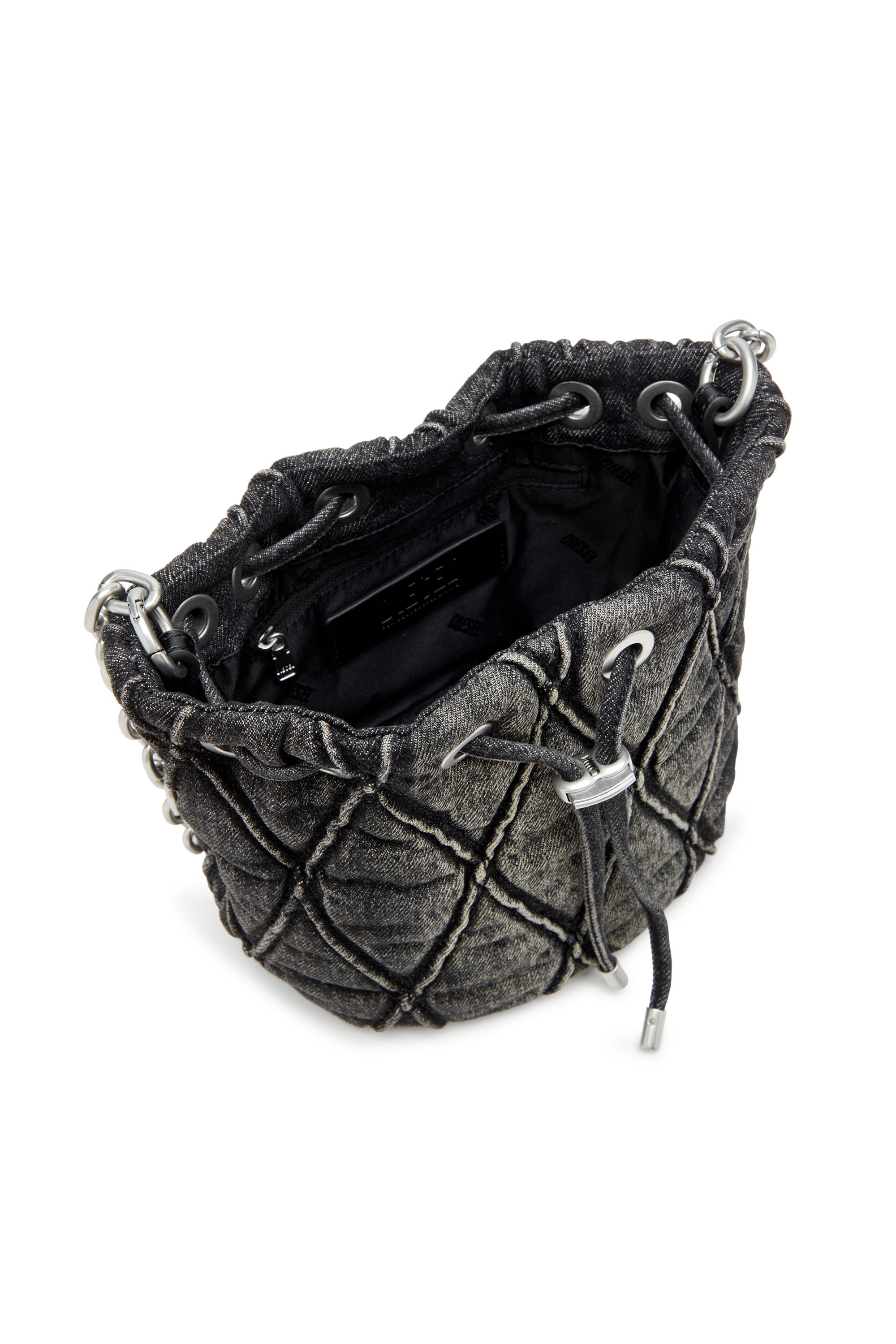 Diesel - CHARM-D BUCKET S, Woman's Mini bucket bag in treated quilted denim in Black - 4