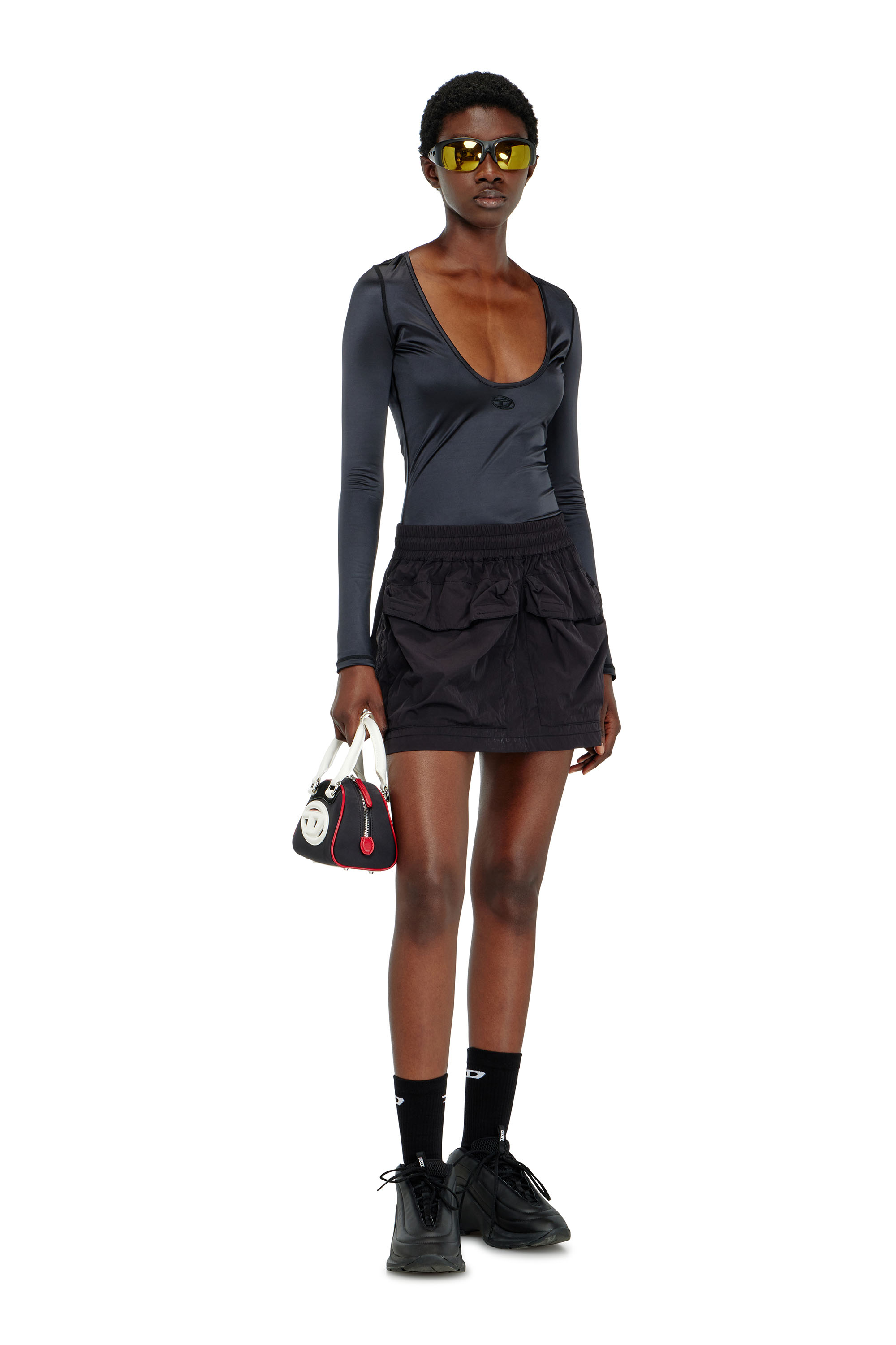 Diesel - T-ELPHIN-LS, Woman's Nylon slim top scoop neck with Logo Oval D embroidery in Black - 2