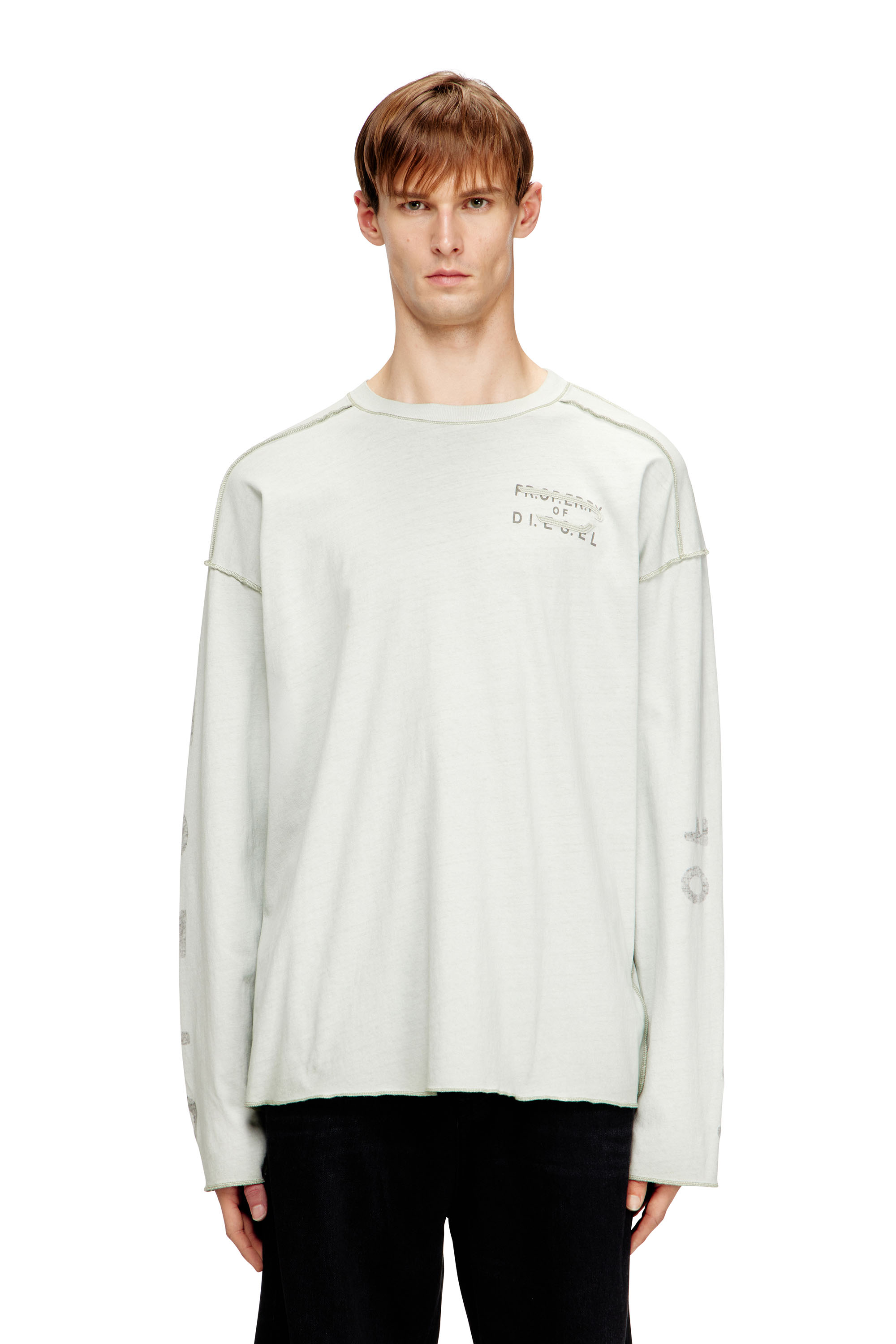 Diesel - T-LOOK-LS, Man's Relaxed long-sleeve T-shirt with printed sleeves in Light Grey - 1