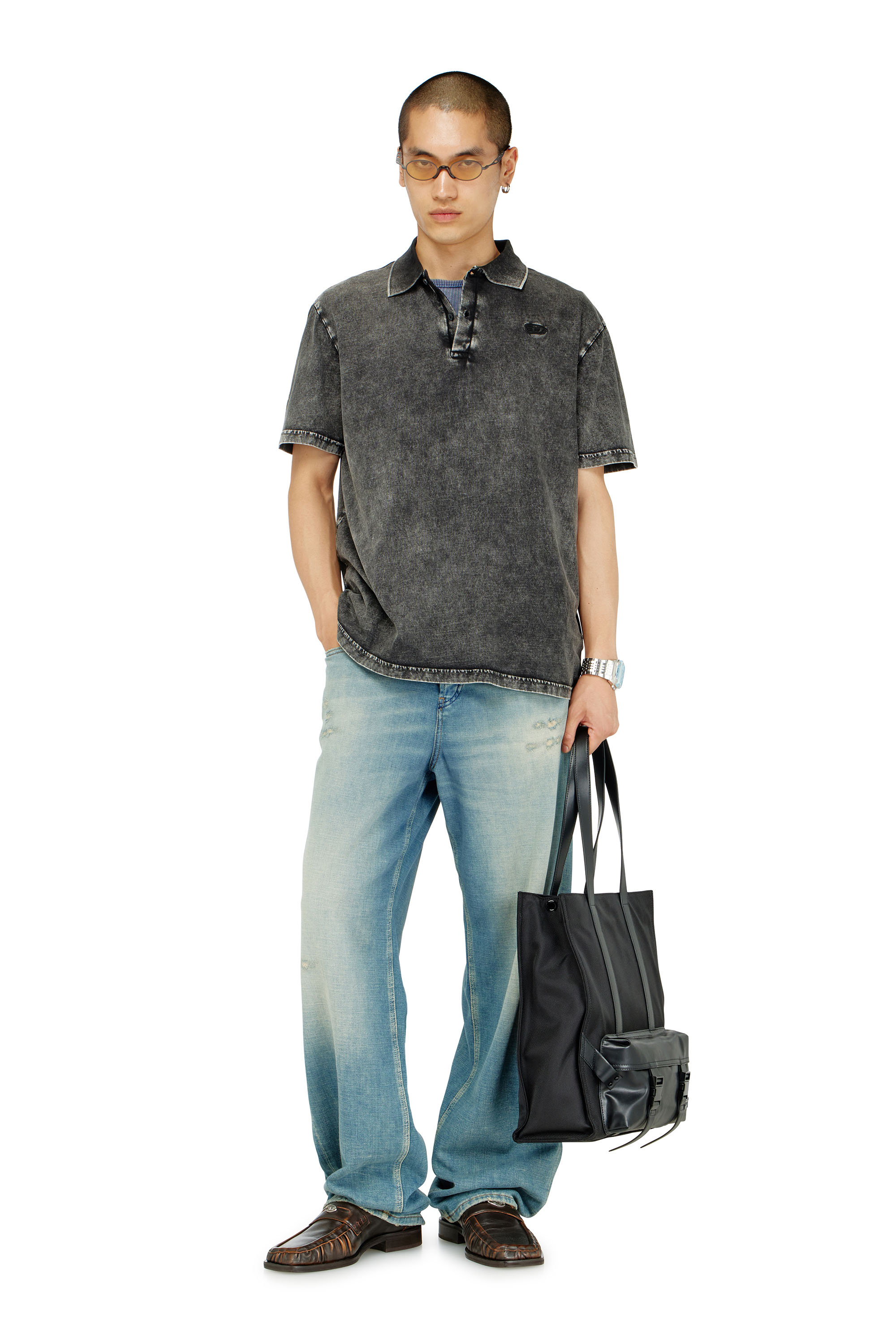 Diesel - T-REJUST-NC-DEN, Man's Polo shirt in denim-effect jersey in Dark grey - 1