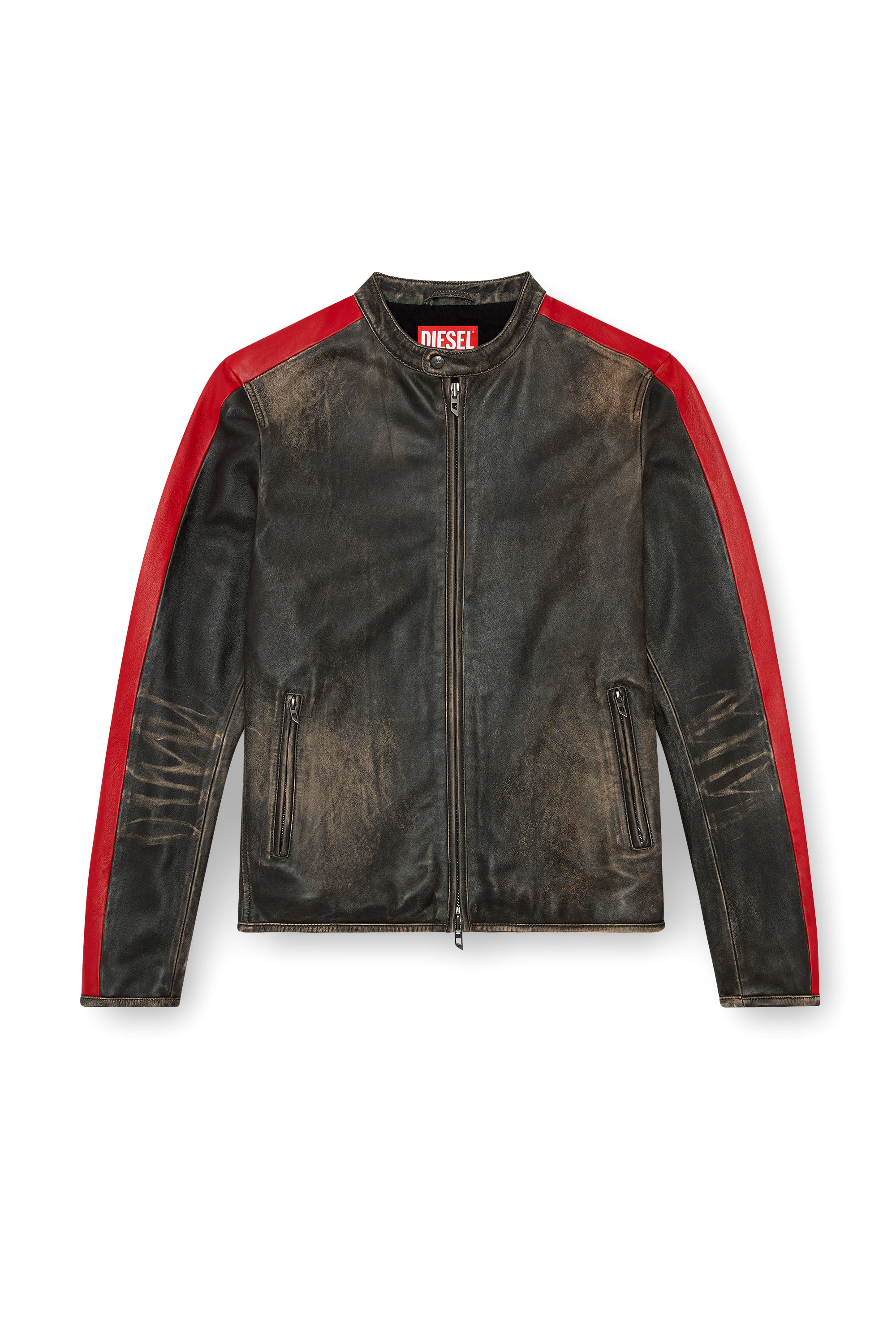 Diesel - L-RENN, Man's Leather jacket with contrasting stripes in Black/Red - 3