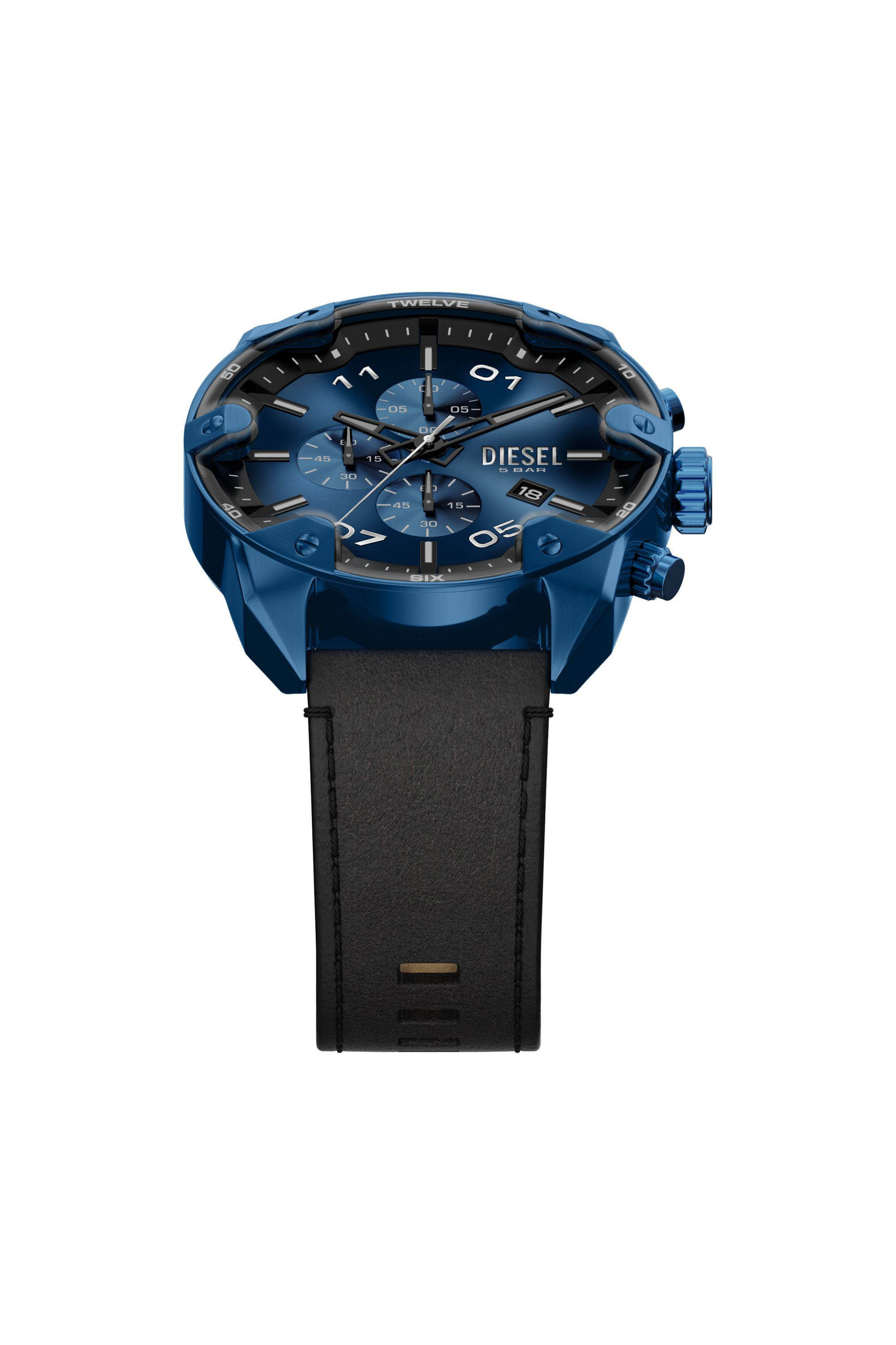 Diesel - DZ4703 WATCH, Man's Spiked Chronograph Black Leather Watch in Black/Blue - 4
