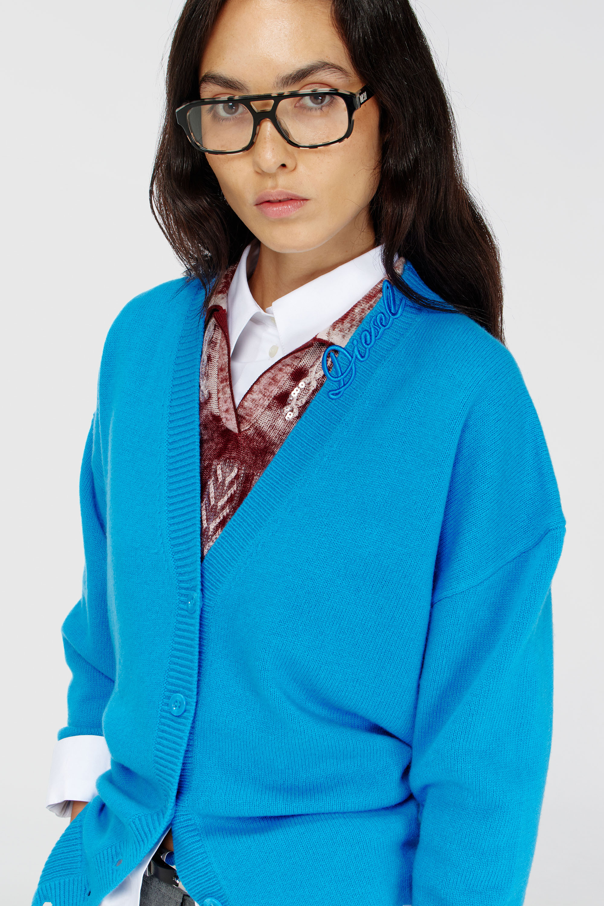 Diesel - M-IMIRA, Woman's Wool V-neck cardigan with neck logo in Azure - 5