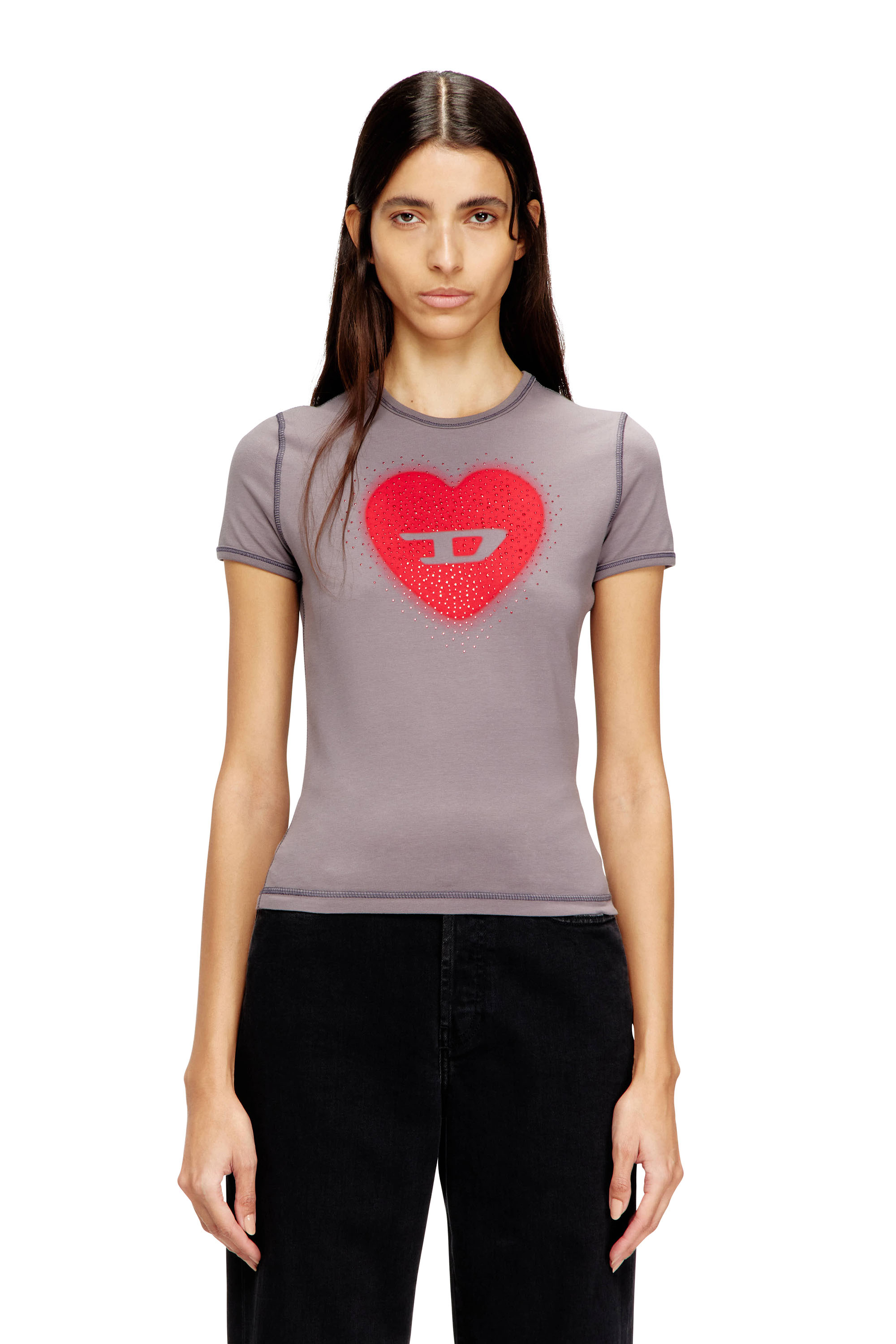 Diesel - T-UNCUTIES-LONG-S5, Woman's Slim T-shirt with heart print and studs in Grey - 1