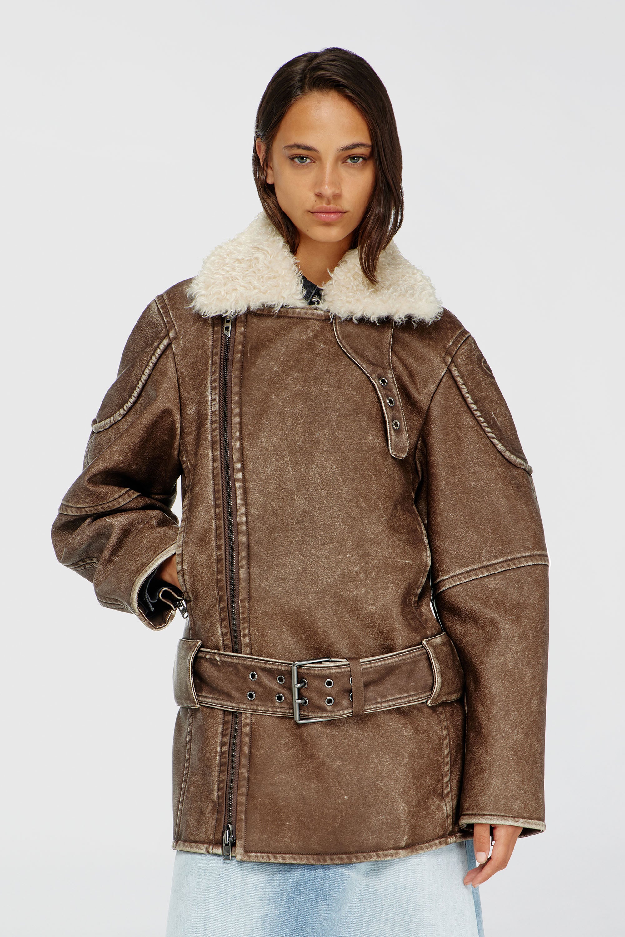 Diesel - G-EYSER, Woman's Double-breasted aviator-biker coat in Brown - 2