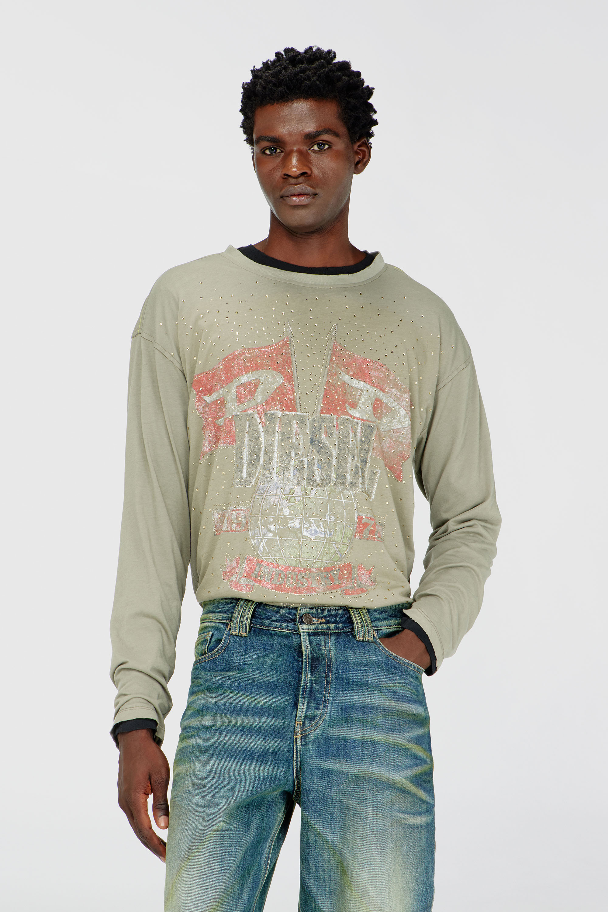 Diesel - T-GERI-LS-A, Man's Long-sleeve T-shirt with concert graphics and crystals in Olive Green - 1