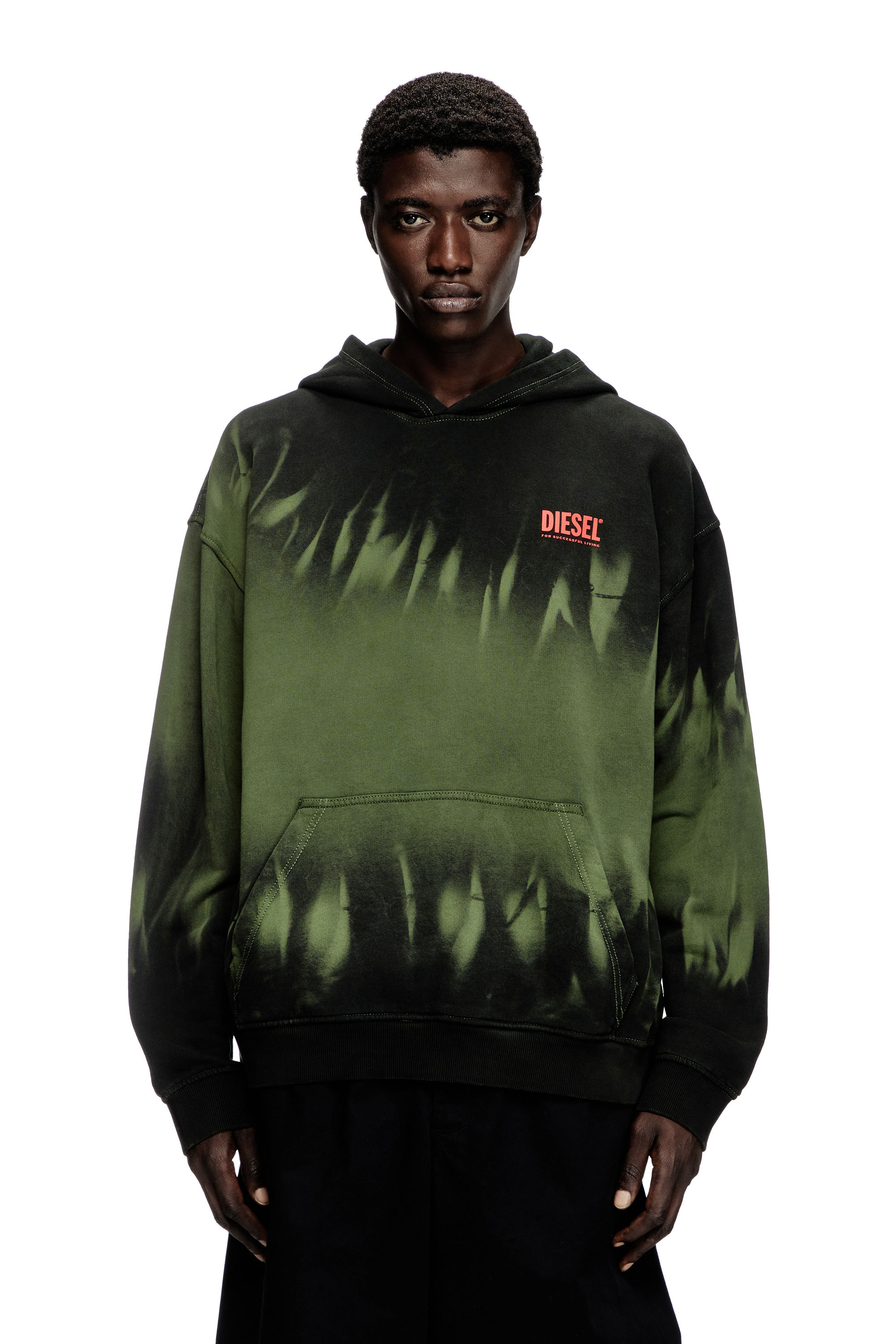 Diesel - S-BOXT-HOOD-R2, Man's Tie-dyed hoodie with logo print in Black/Green - 3
