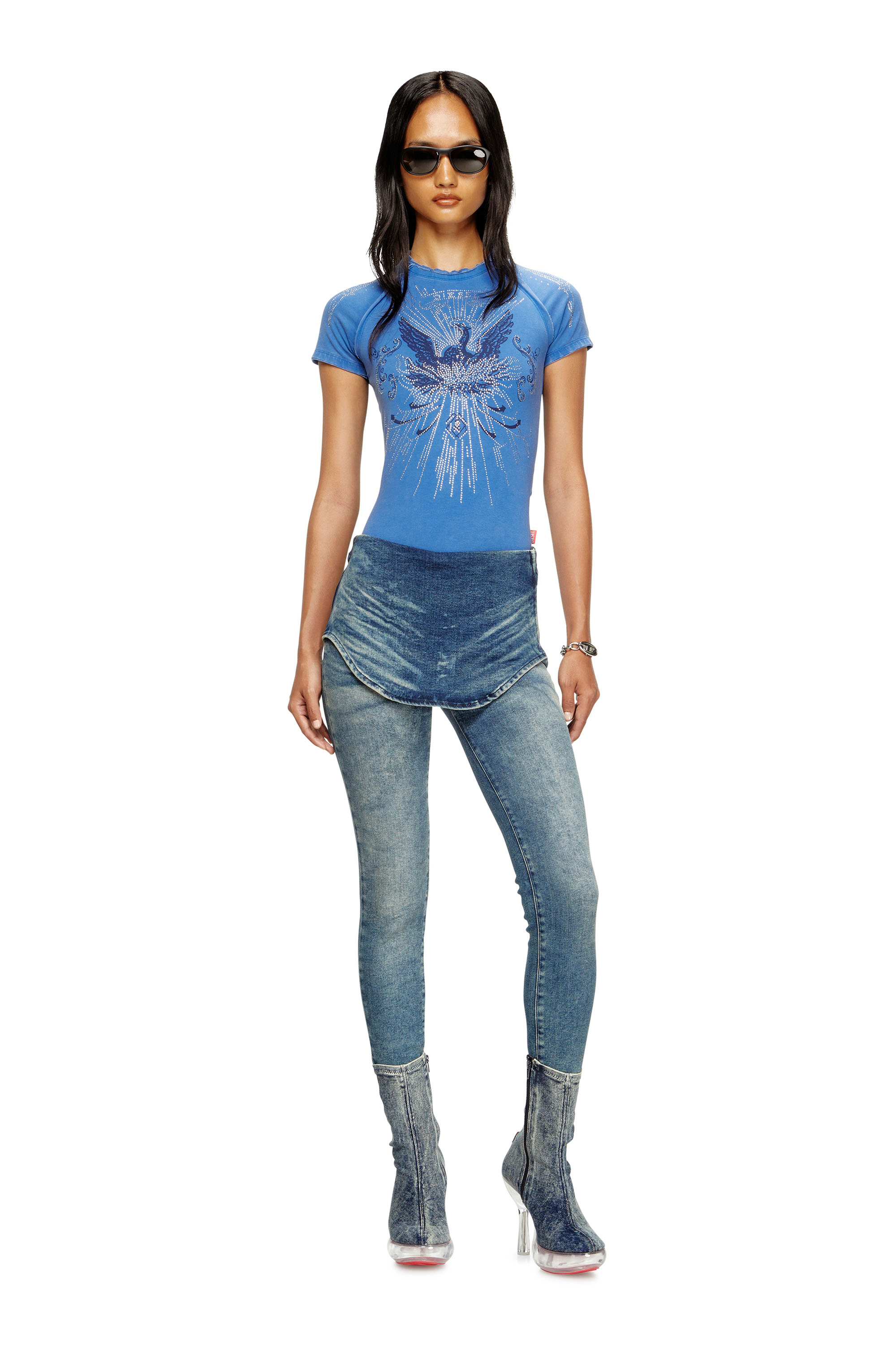 Diesel - T-ROWEENA, Woman's Phoenix T-shirt with rhinestones in Blue - 2