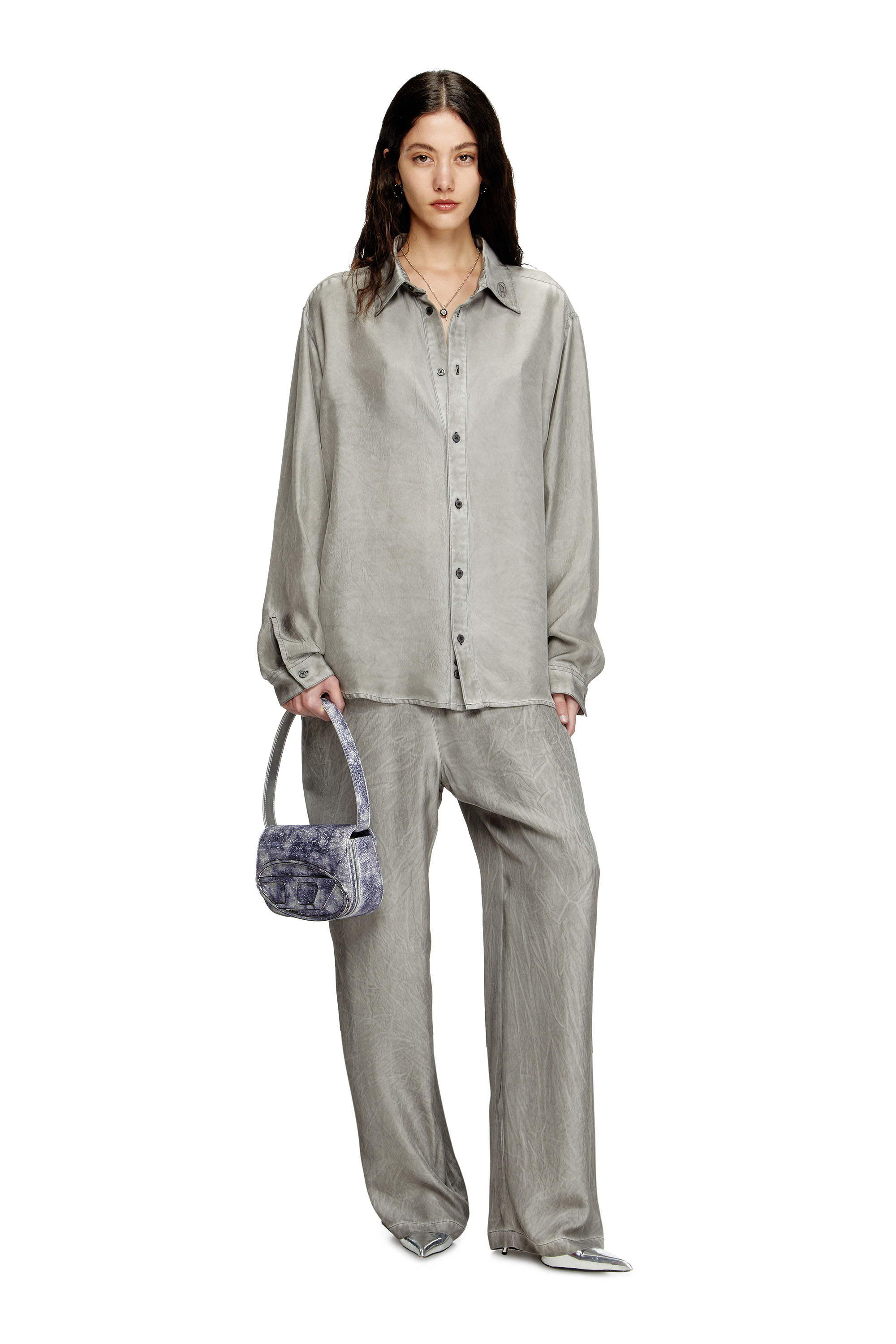 Diesel - 1DR, Woman's 1DR-Iconic shoulder bag in shimmer fabric in Blue - 1