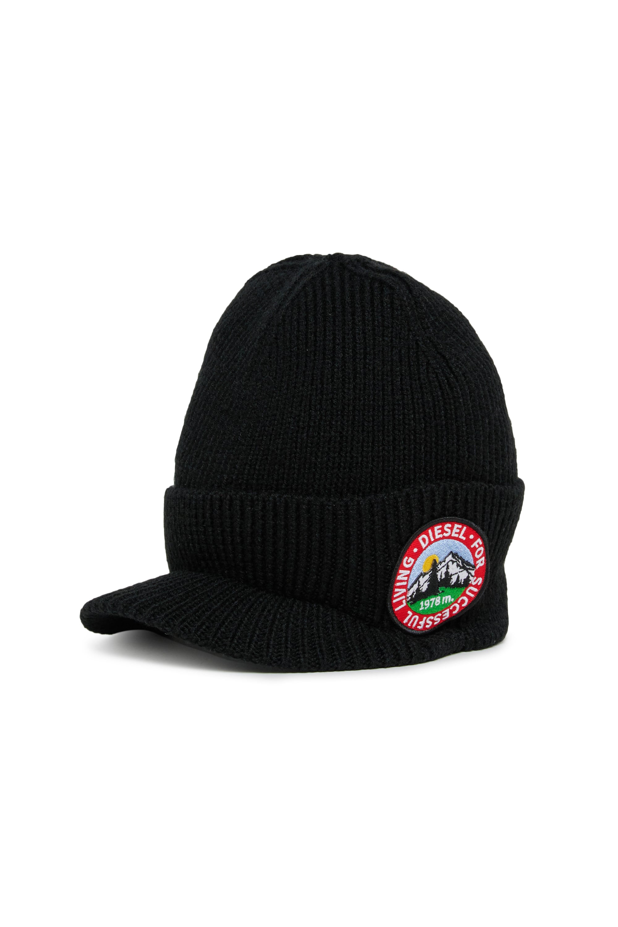 Diesel - FMONTI, Unisex's Visor beanie in ribbed wool knit in Black - 1