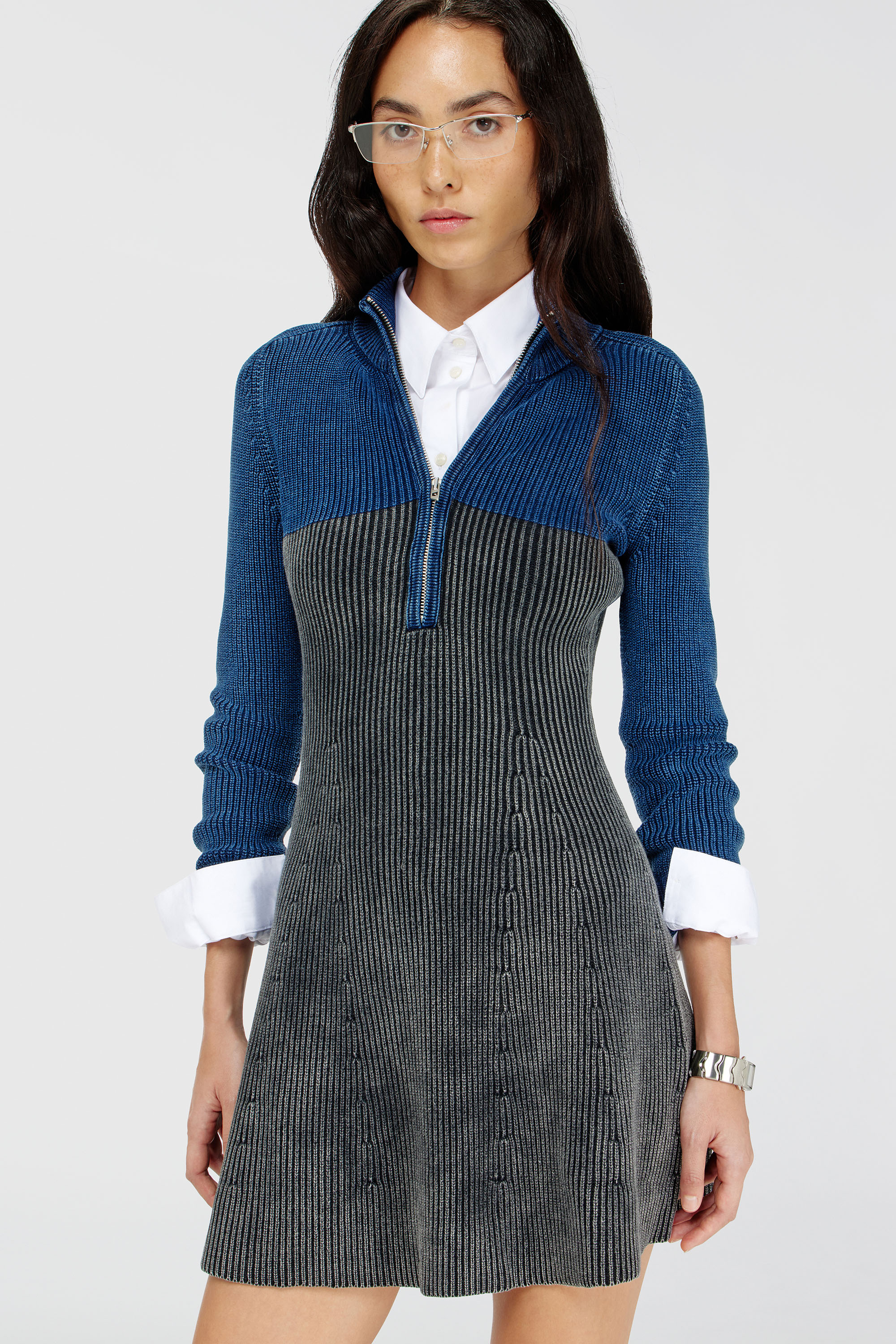 Diesel - M-HERMOSA, Woman's Rib-knit mini dress with two-tone denim effect in Blue/Black - 5