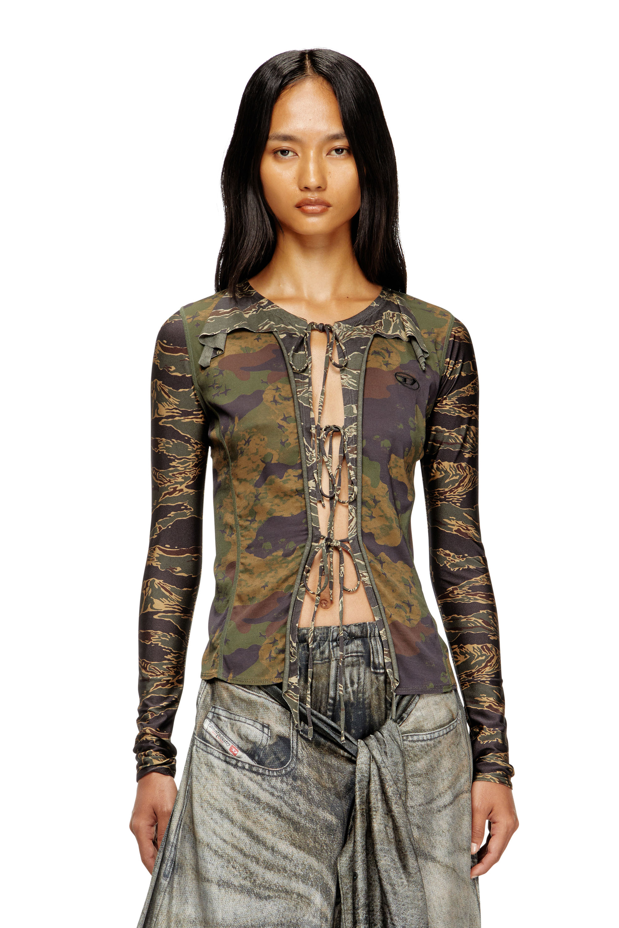 Diesel - T-AFRY, Woman's Tie cardigan with mixed camo prints in Military Green - 1
